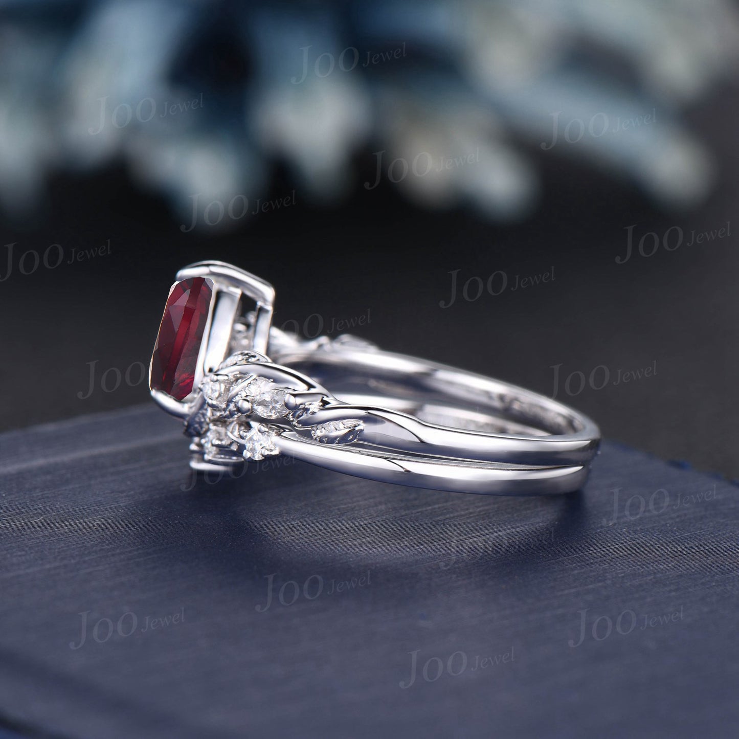 1.25ct Pear Ruby Engagement Ring Set Nature Inspired Jewelry 14K White Gold Twisted Twig Vine Red Bridal Set July Birthstone Christmas Gift