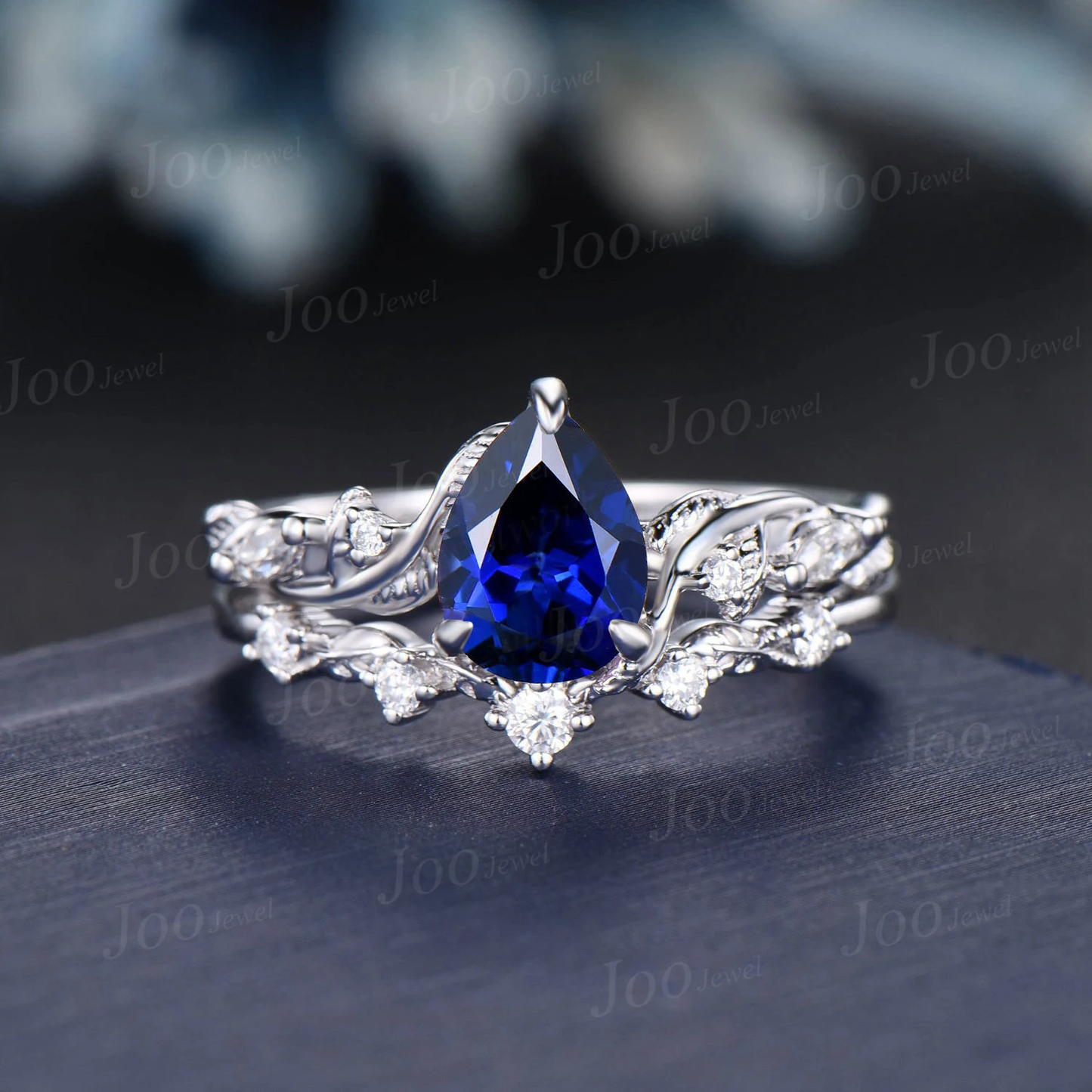 1.25ct Twig Vine Nature Inspired Blue Sapphire Engagement Ring 14K White Gold Pear Wedding Ring Leaf Bridal Set September Birthstone Gifts