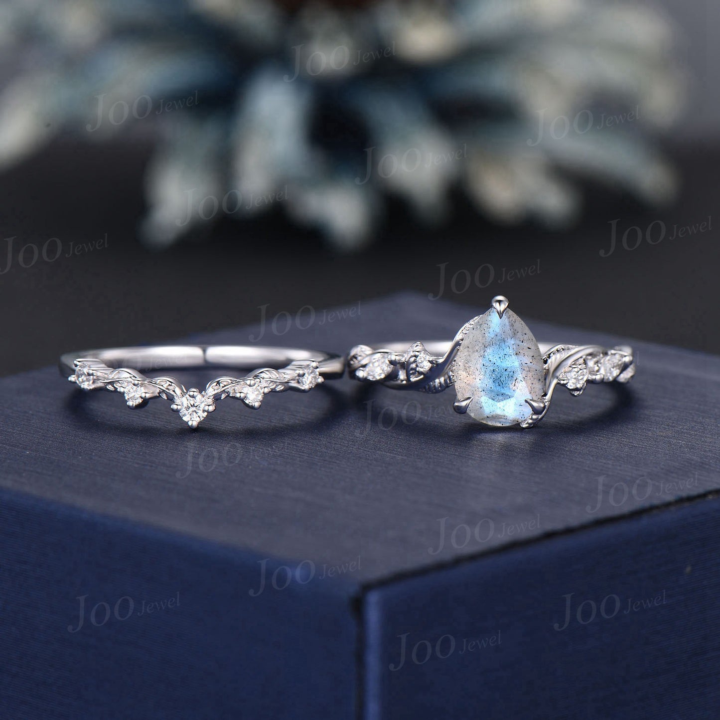 Natural Blue Labradorite Diamonds Engagement Ring Set Retro Pear Labradorite Ring Nature Inspired Crystal Bridal Ring Jewelry Gift For Women