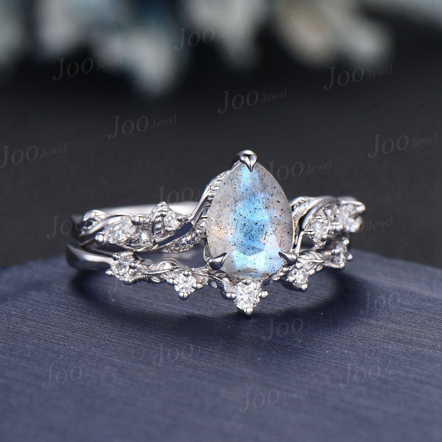 Natural Blue Labradorite Diamonds Engagement Ring Set Retro Pear Labradorite Ring Nature Inspired Crystal Bridal Ring Jewelry Gift For Women