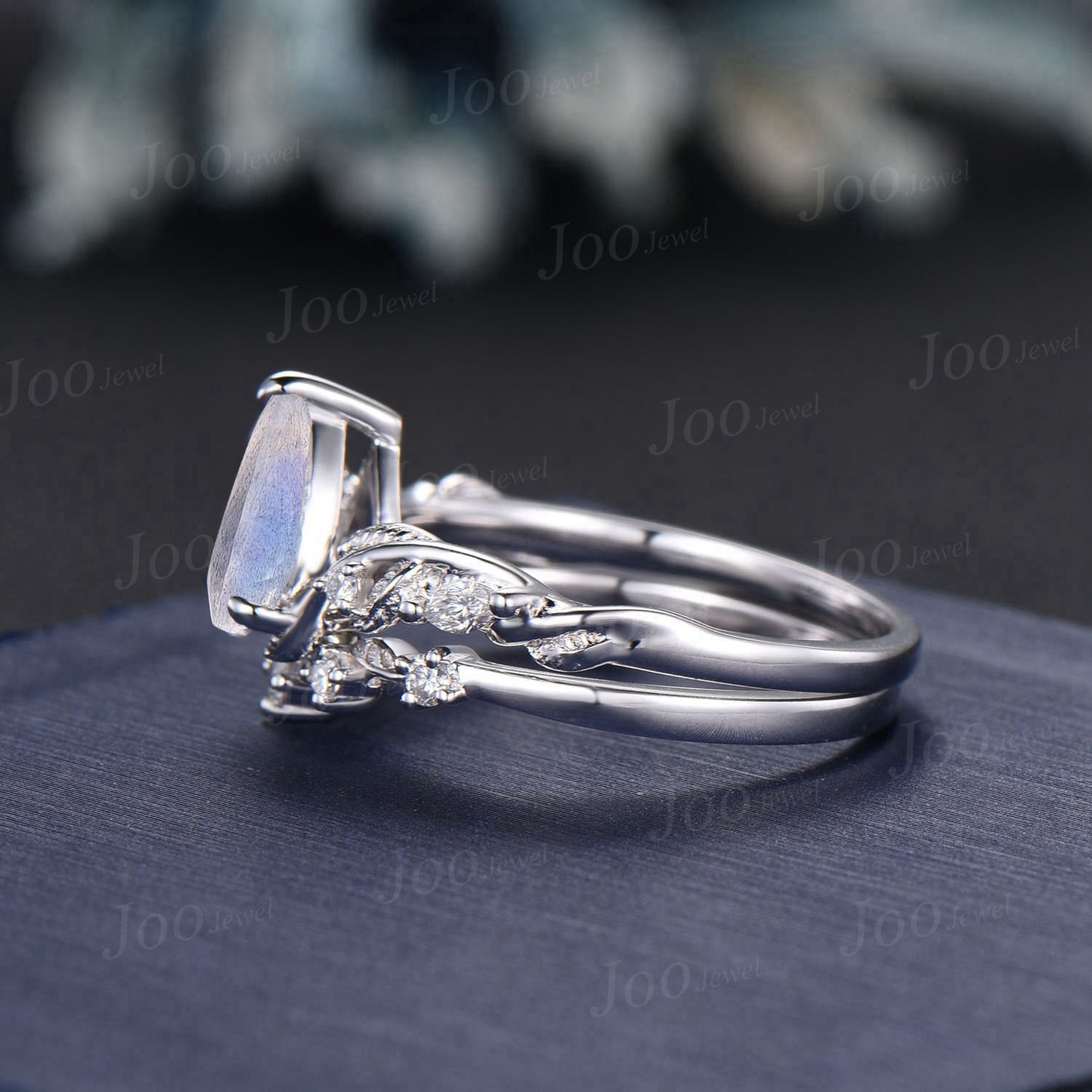 Natural Blue Labradorite Diamonds Engagement Ring Set Retro Pear Labradorite Ring Nature Inspired Crystal Bridal Ring Jewelry Gift For Women