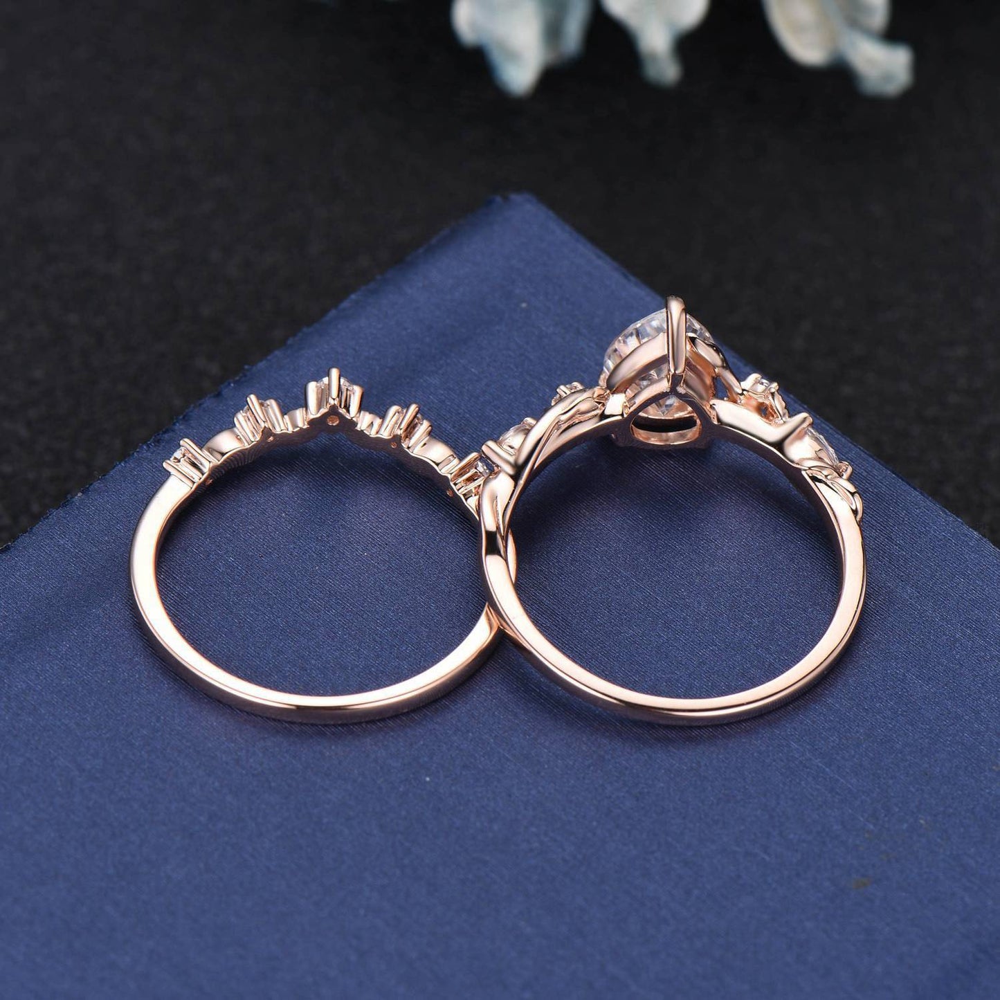 Nature Inspired Moissanite Diamond Engagement Ring Set 14K Rose Gold 1.5ct Oval Wedding Ring Leaf Twig Vine Branch Bypass Bridal Set Women