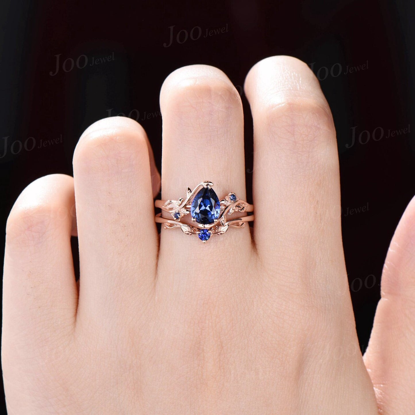 Nature Inspired Blue Sapphire Bridal Set Rose Gold Twig Vine Floral Pear Wedding Ring Unique September Birthstone Birthday/Anniversary Gifts