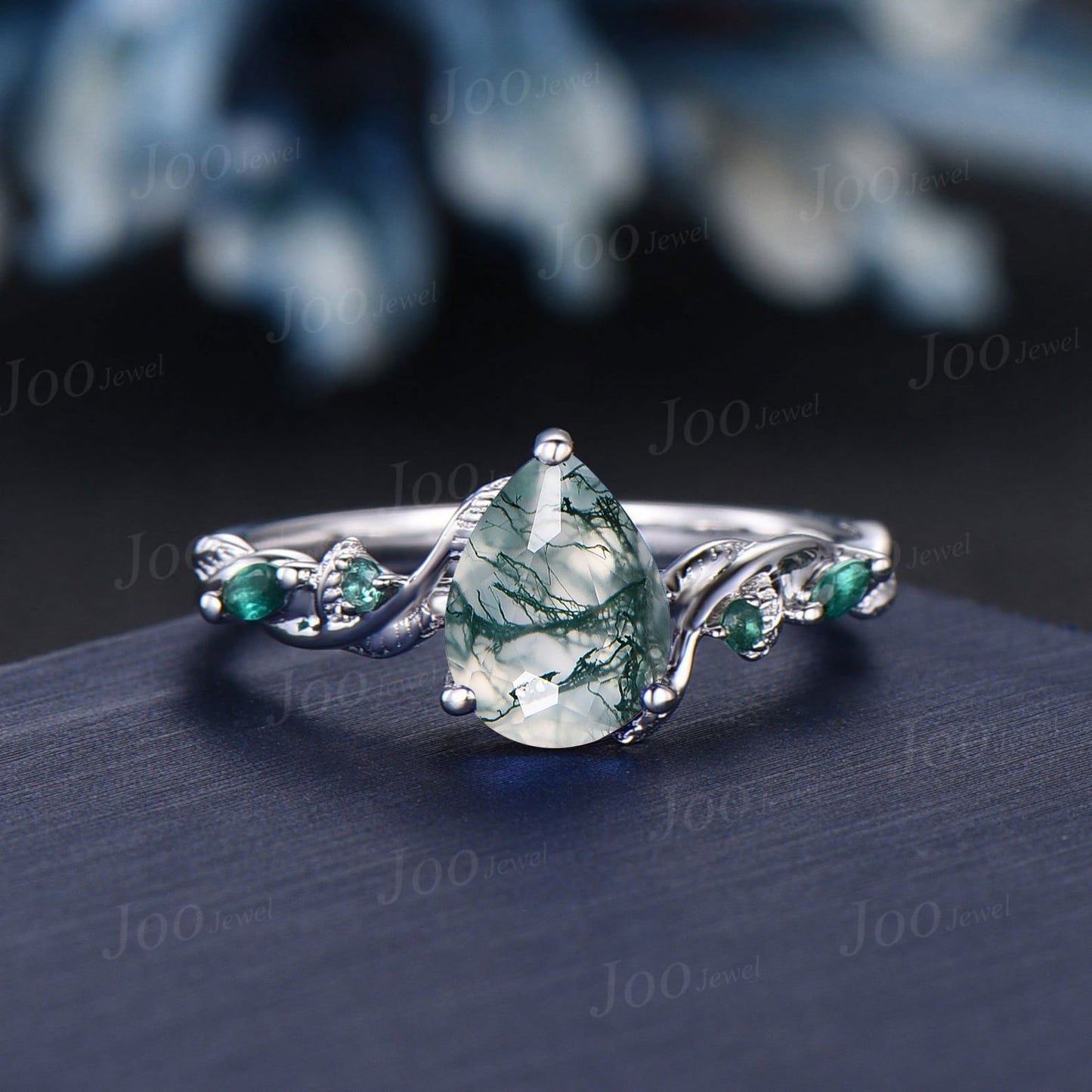 Twisted Twig Vine Pear Green Moss Agate Emerald Engagement Ring Set 14K White Gold Antique Vintage Nature Inspired Agate Promise Ring Women