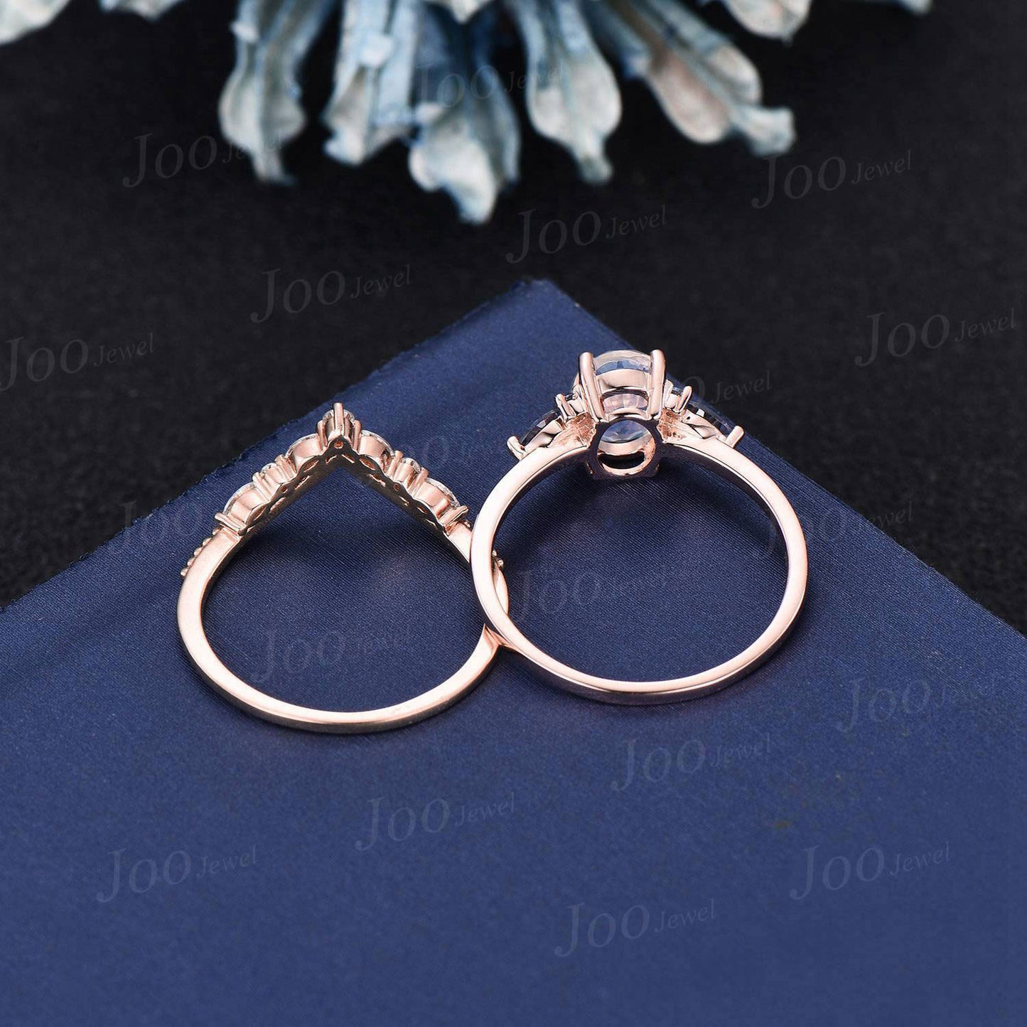 Oval Galaxy Blue Sandstone Alexandrite Engagement Ring Set 14K Rose Gold Moonstone Wedding Ring Unique Vintage Blue Gemstone Jewelry Gifts
