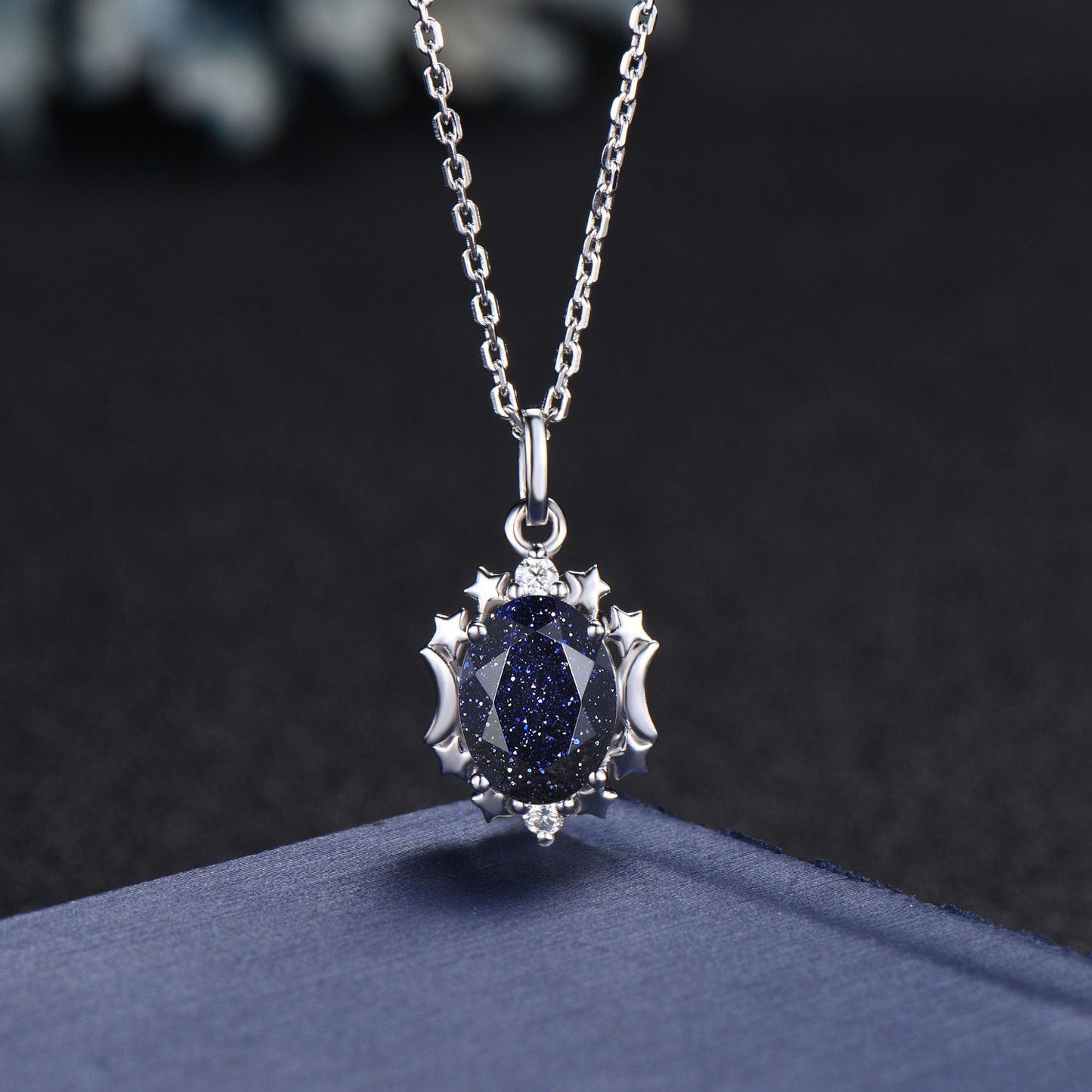 Vintage Oval Cut Blue Sandstone Galaxy Necklace Moon Star Crystal Starry Sky Blue Goldstone Wedding Pendant Unique Celestial Moon Ring Women