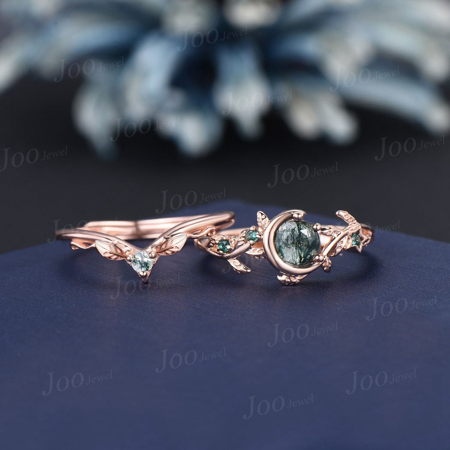 Crescent Moon Natural Green Moss Agate Emerald Engagement Ring Vintage 5mm Round Moss Agate Nature Inspired Bridal Set Bypass Wedding Rings