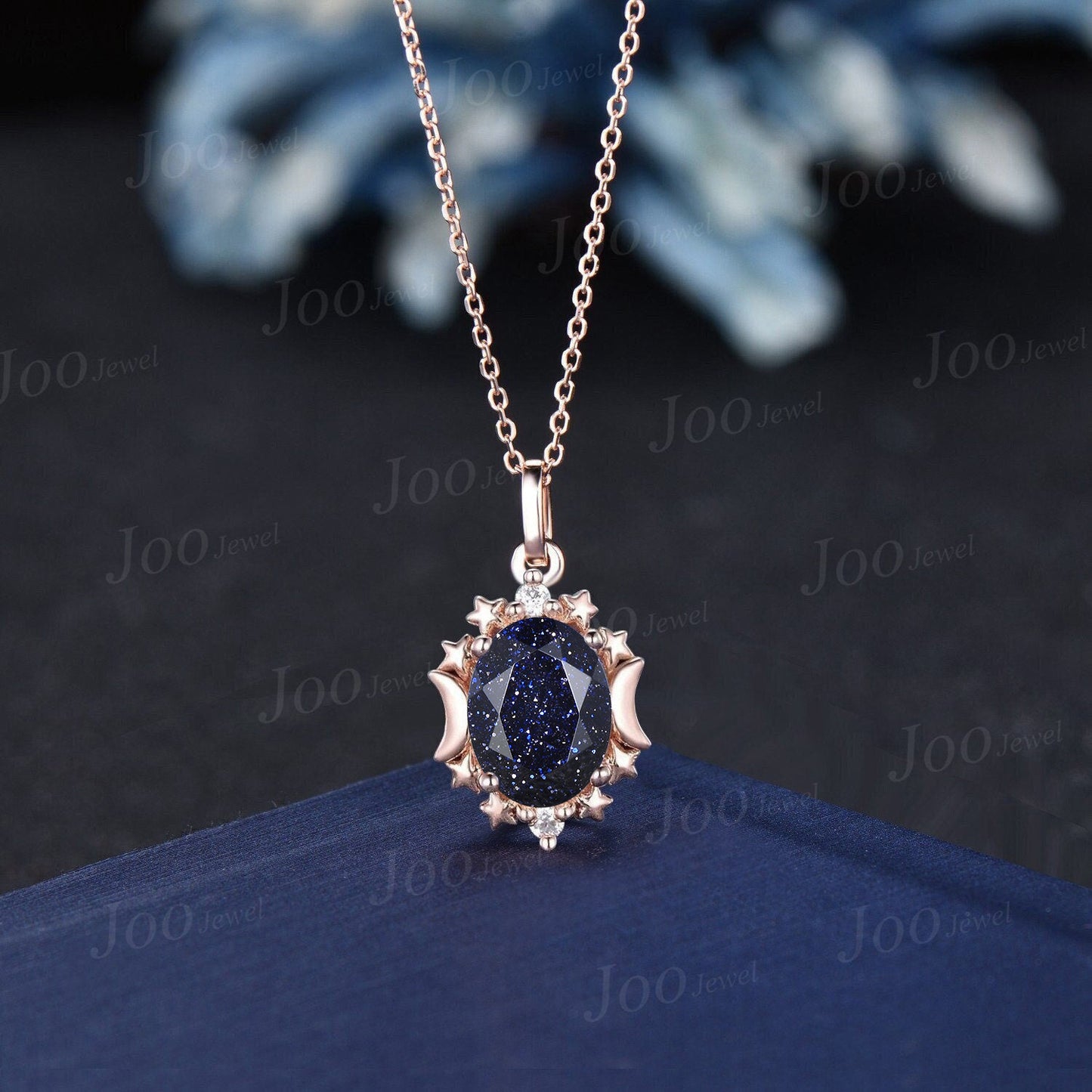 Vintage Oval Cut Blue Sandstone Galaxy Necklace Moon Star Crystal Starry Sky Blue Goldstone Wedding Pendant Unique Celestial Moon Ring Women