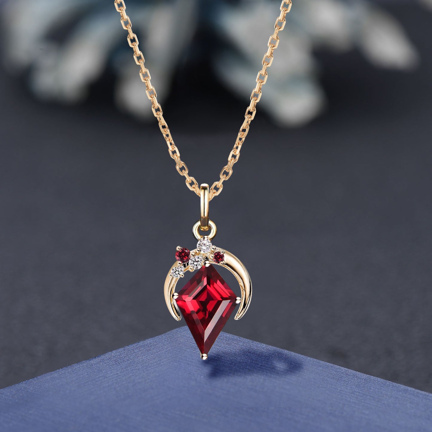 Kite Cut Natural Red Garnet Diamond Necklace for Women 14K Yellow Gold Crescent Moon Crystal Pendant Unique January Birthstone Birthday Gift