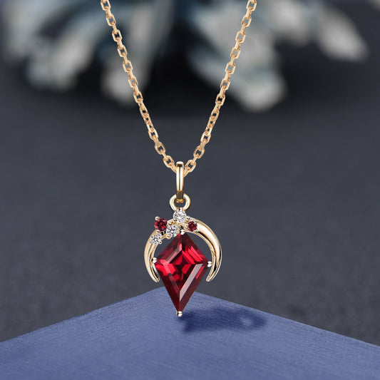 Kite Cut Natural Red Garnet Diamond Necklace for Women 14K Yellow Gold Crescent Moon Crystal Pendant Unique January Birthstone Birthday Gift