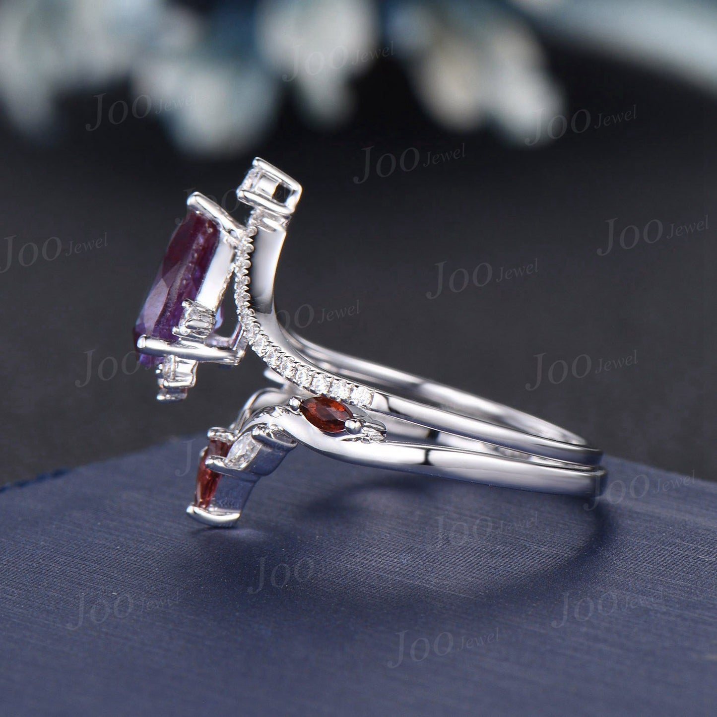Pear Color-Change Alexandrite Garnet Crown Tiara Ring Set 14K White Gold Art Deco Moissanite Wedding Band June Birthstone Engagement Rings