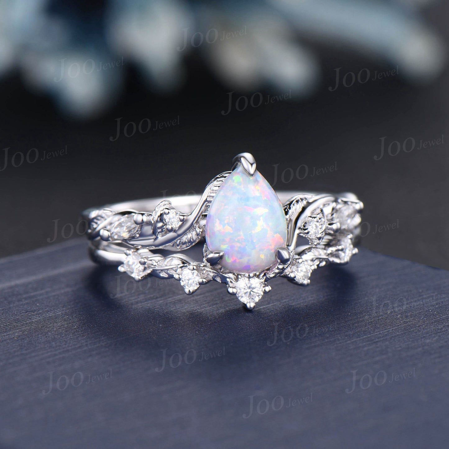 Twist Twig Vine Nature Inspired White Opal Diamond Engagement Ring 14K White Gold 1.25ct Pear Opal Wedding Ring Leaf Bridal Set Promise Gift