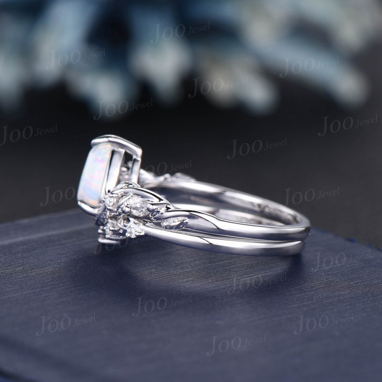 Twist Twig Vine Nature Inspired White Opal Diamond Engagement Ring 14K White Gold 1.25ct Pear Opal Wedding Ring Leaf Bridal Set Promise Gift