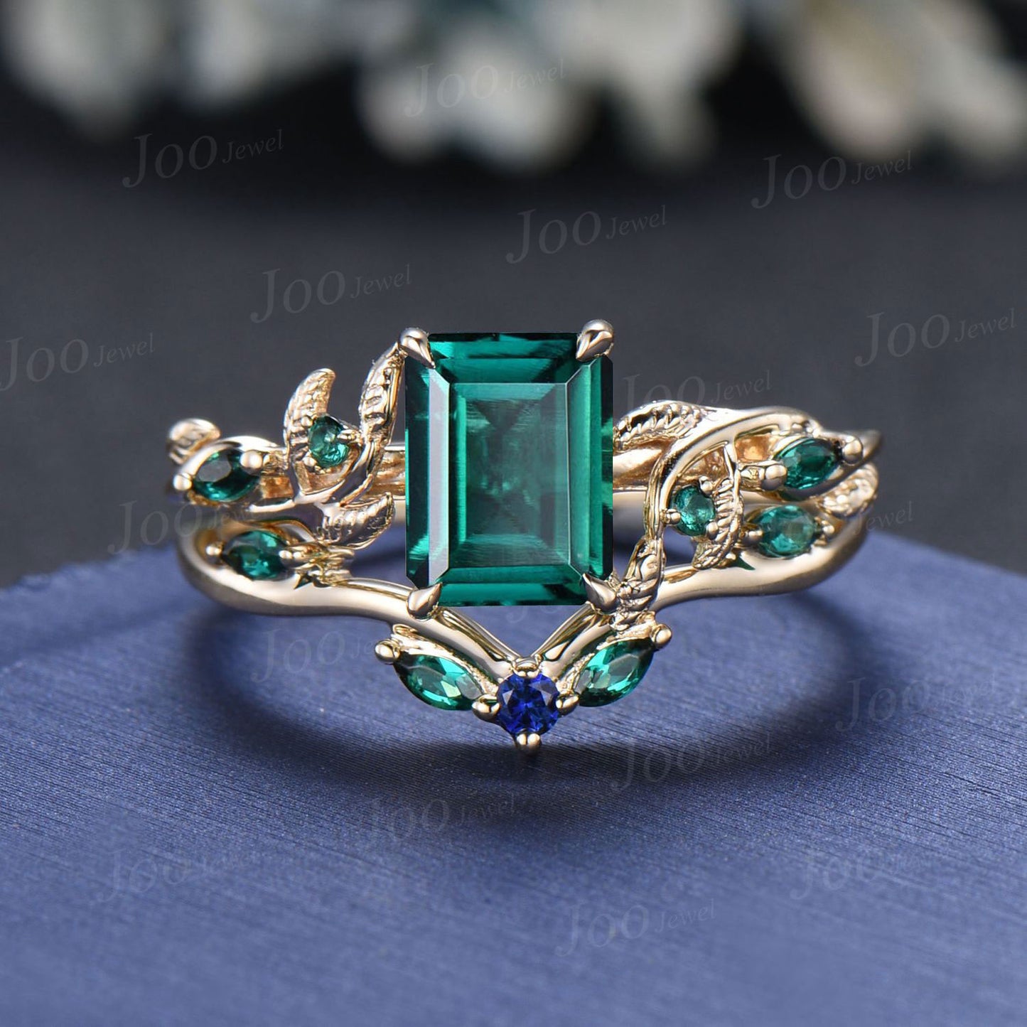 2ct Emerald Cut Green Emerald Engagement Ring Set 14K Yellow Gold Twig Branch Vine Emerald Sapphire Wedding Band Unique May Birthstone Gift