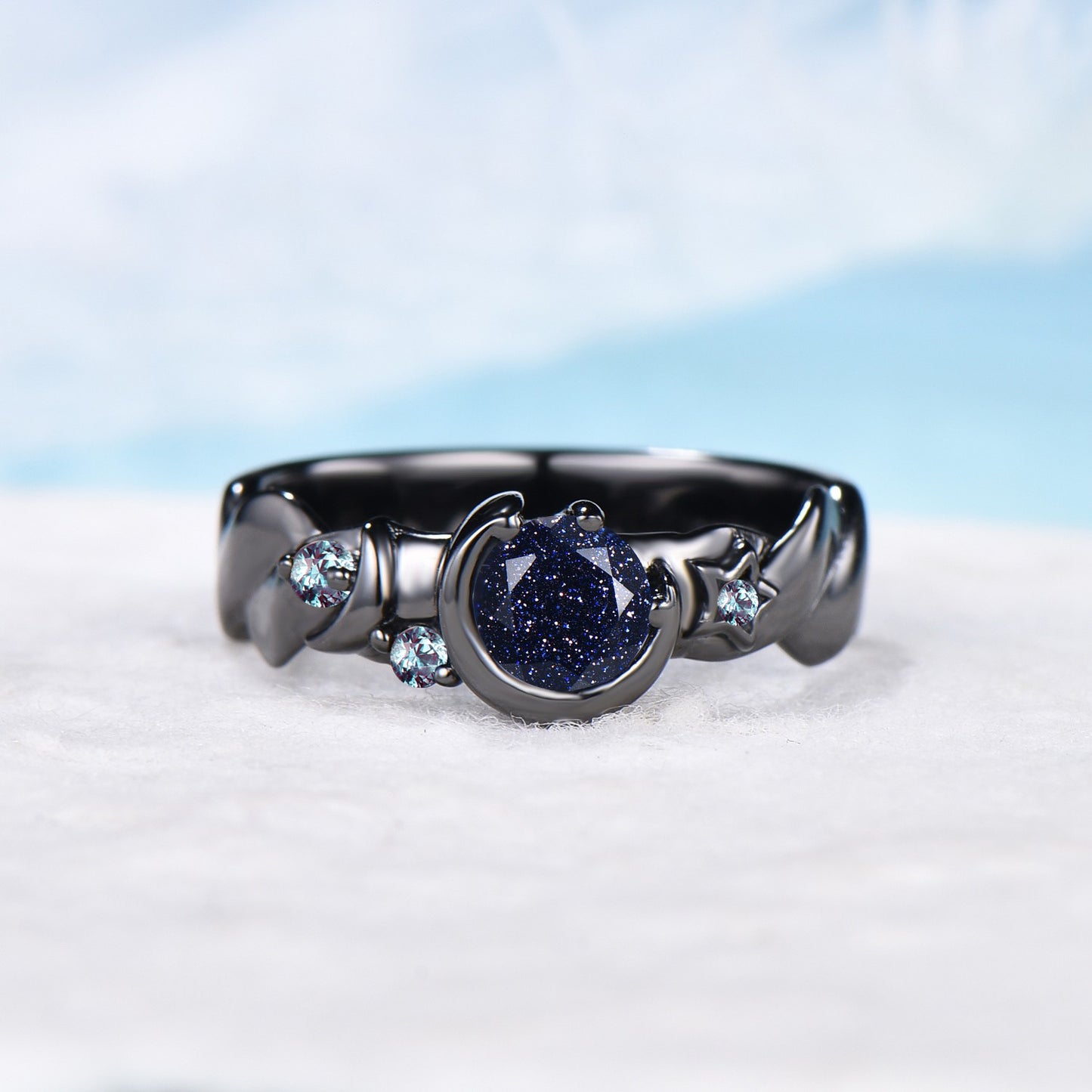 5mm Round Galaxy Blue Sandstone Engagement Ring Starry Sky Moon Star Cluster Ring Black Gemstone Celestial Ring Asymmetrical Promise Rings