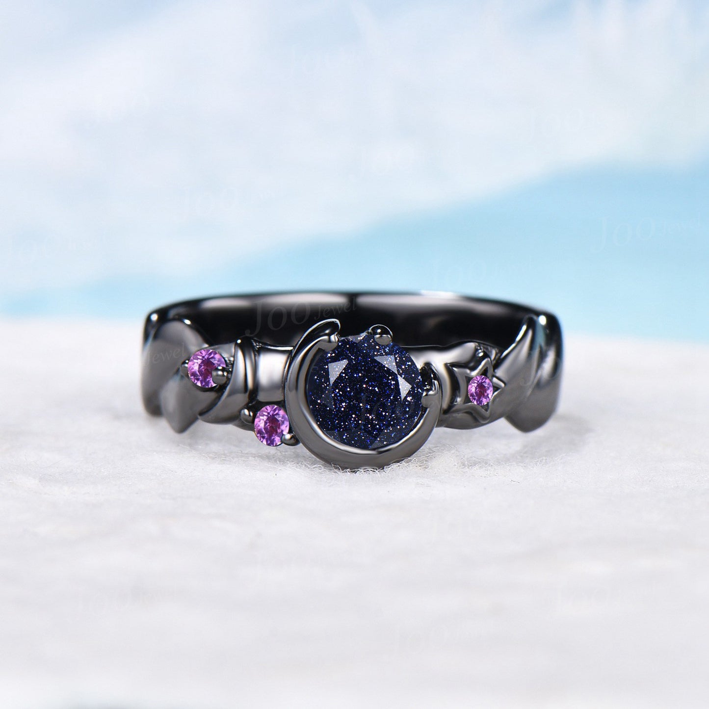 5mm Round Galaxy Blue Sandstone Engagement Ring Starry Sky Moon Star Cluster Ring Black Gemstone Celestial Ring Asymmetrical Promise Rings