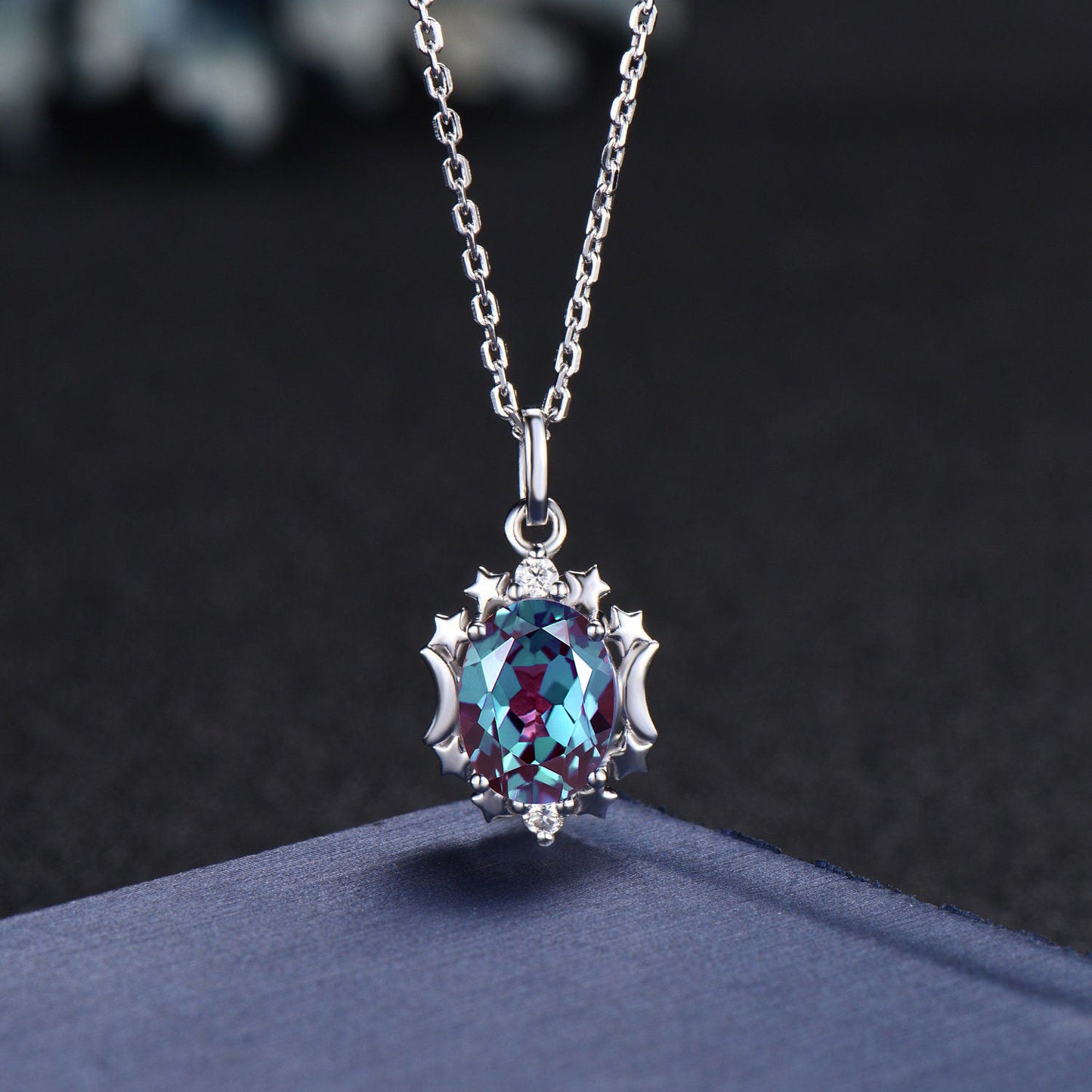 Oval Alexandrite Necklace 14K Rose Gold Moon Star Halo Wedding Necklace June Birthstone Bridal Pendant Necklace Unique Gemstone Promise Gift