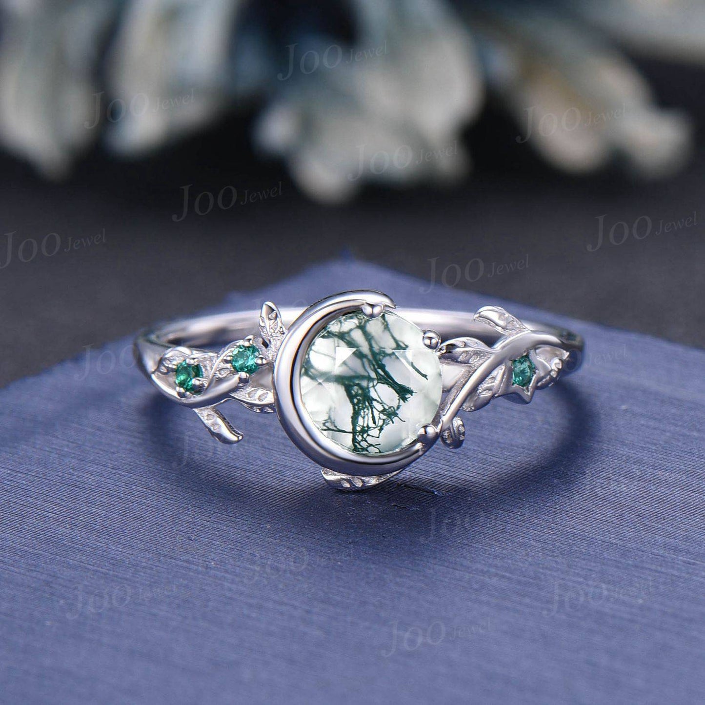 Nature Inspired Natural Moss Agate Ring Moon Star Design Vintage 1ct Round Moss Agate Engagement Ring Leaf Green Emerald Dainty Wedding Ring