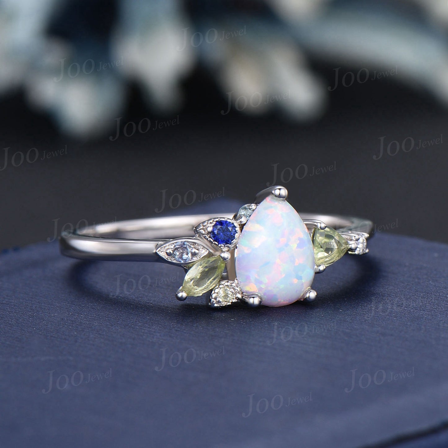 1.25ct Pear Opal Cluster Engagement Rings Personalized Multi-birthstone Topaz Peridot Blue Sapphire Alexandrite Ring White Opal Wedding Ring