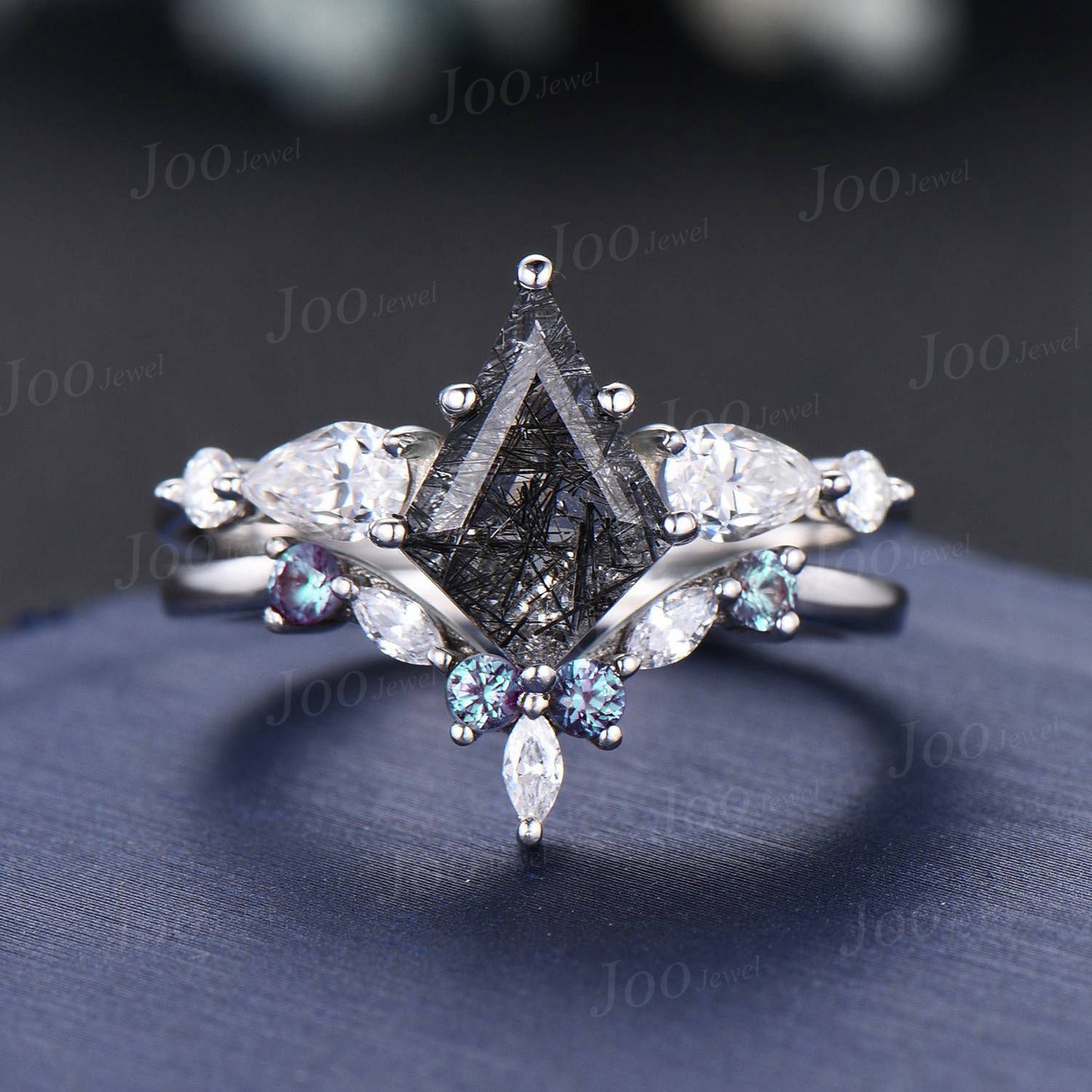 Vintage Kite Natural Black Rutilated Quartz Moissanite Engagement Ring Set Alexandrite Band Unique Black Crystal Promise Wedding Ring Women