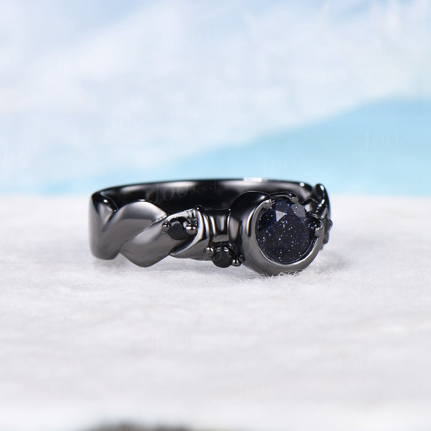 5mm Round Galaxy Blue Sandstone Engagement Ring Starry Sky Moon Star Cluster Ring Black Gemstone Celestial Ring Asymmetrical Promise Rings