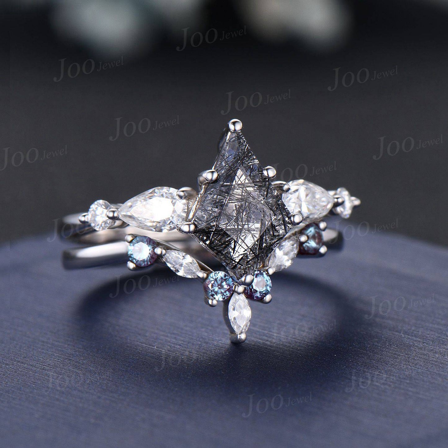 Vintage Kite Natural Black Rutilated Quartz Moissanite Engagement Ring Set Alexandrite Band Unique Black Crystal Promise Wedding Ring Women