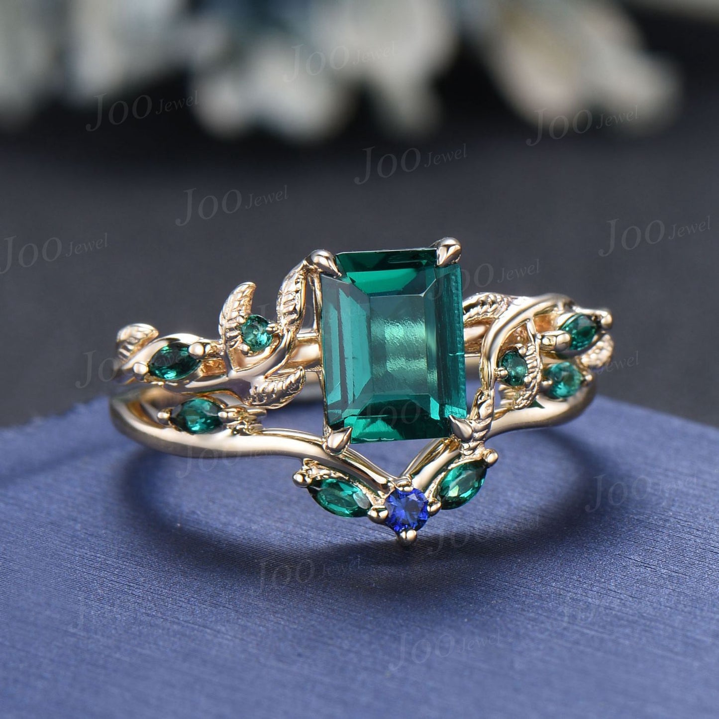 2ct Emerald Cut Green Emerald Engagement Ring Set 14K Yellow Gold Twig Branch Vine Emerald Sapphire Wedding Band Unique May Birthstone Gift