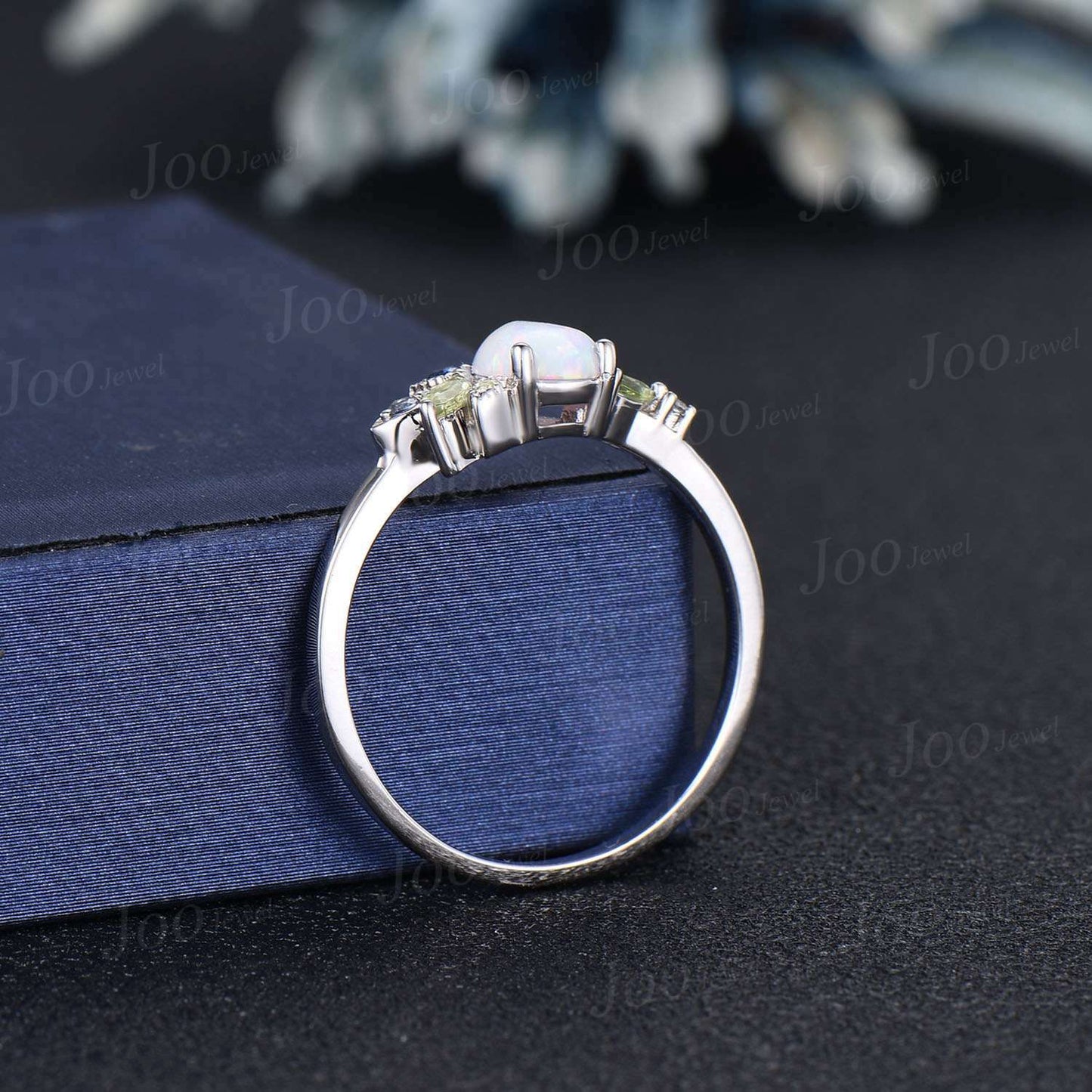 1.25ct Pear Opal Cluster Engagement Rings Personalized Multi-birthstone Topaz Peridot Blue Sapphire Alexandrite Ring White Opal Wedding Ring
