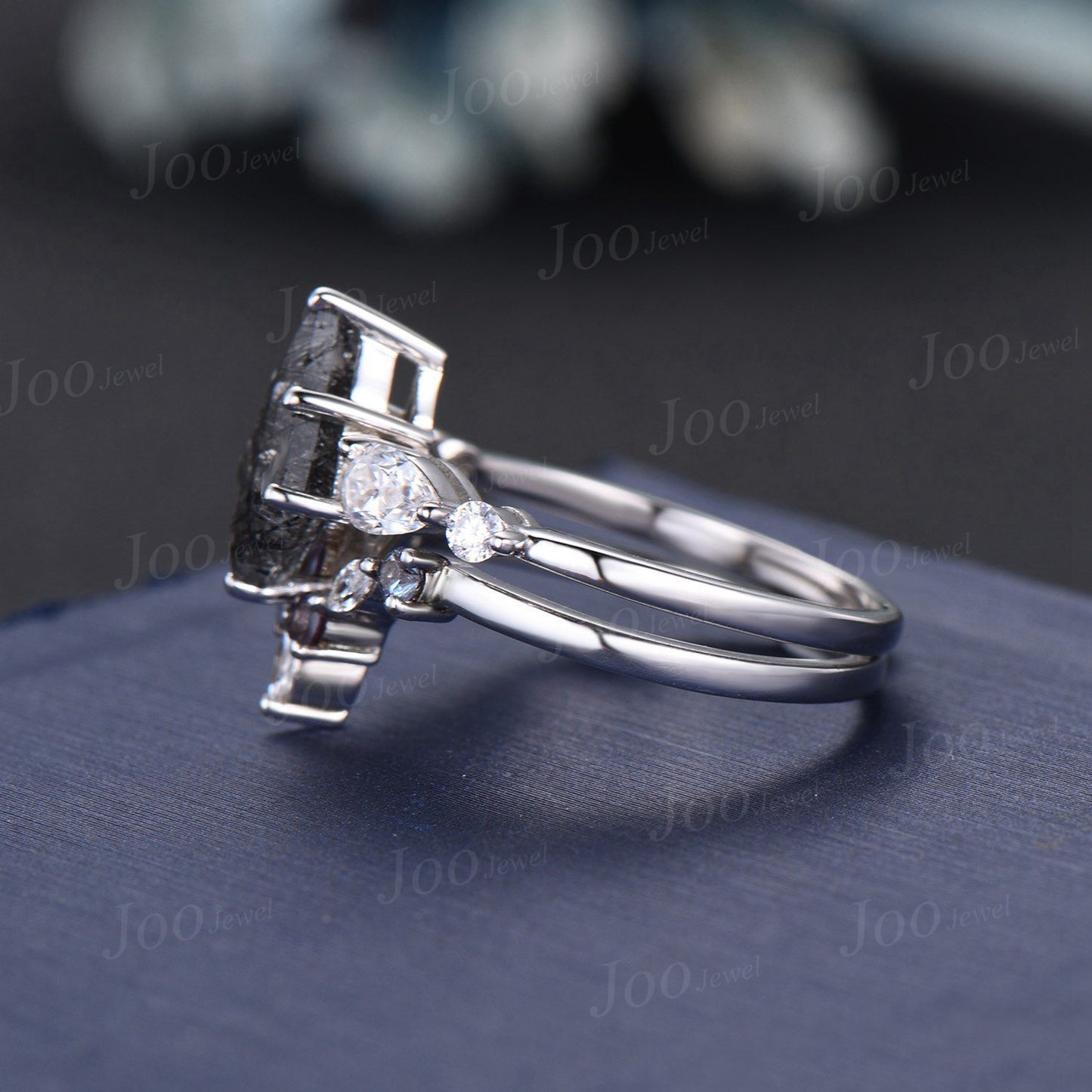 Vintage Kite Natural Black Rutilated Quartz Moissanite Engagement Ring Set Alexandrite Band Unique Black Crystal Promise Wedding Ring Women