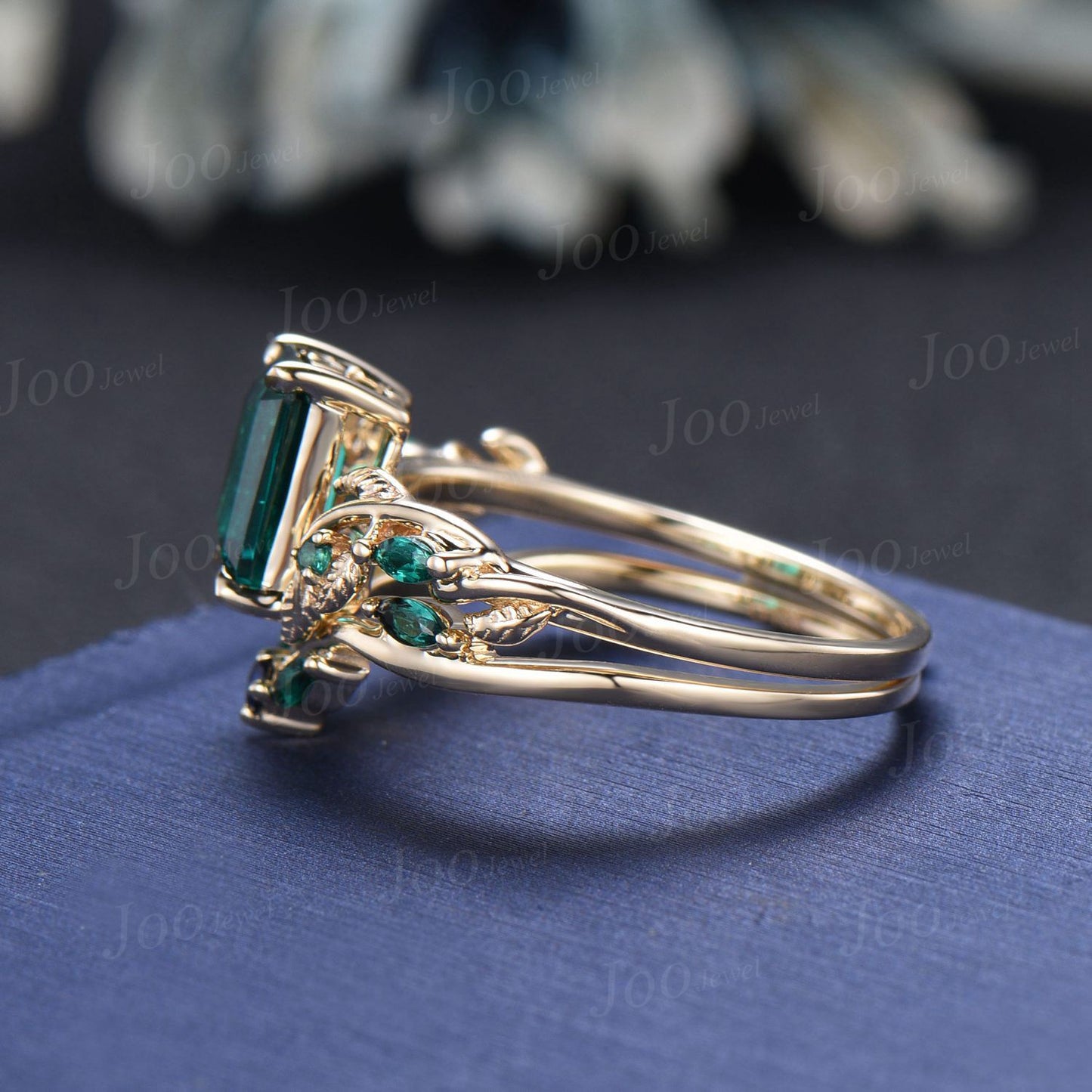 2ct Emerald Cut Green Emerald Engagement Ring Set 14K Yellow Gold Twig Branch Vine Emerald Sapphire Wedding Band Unique May Birthstone Gift