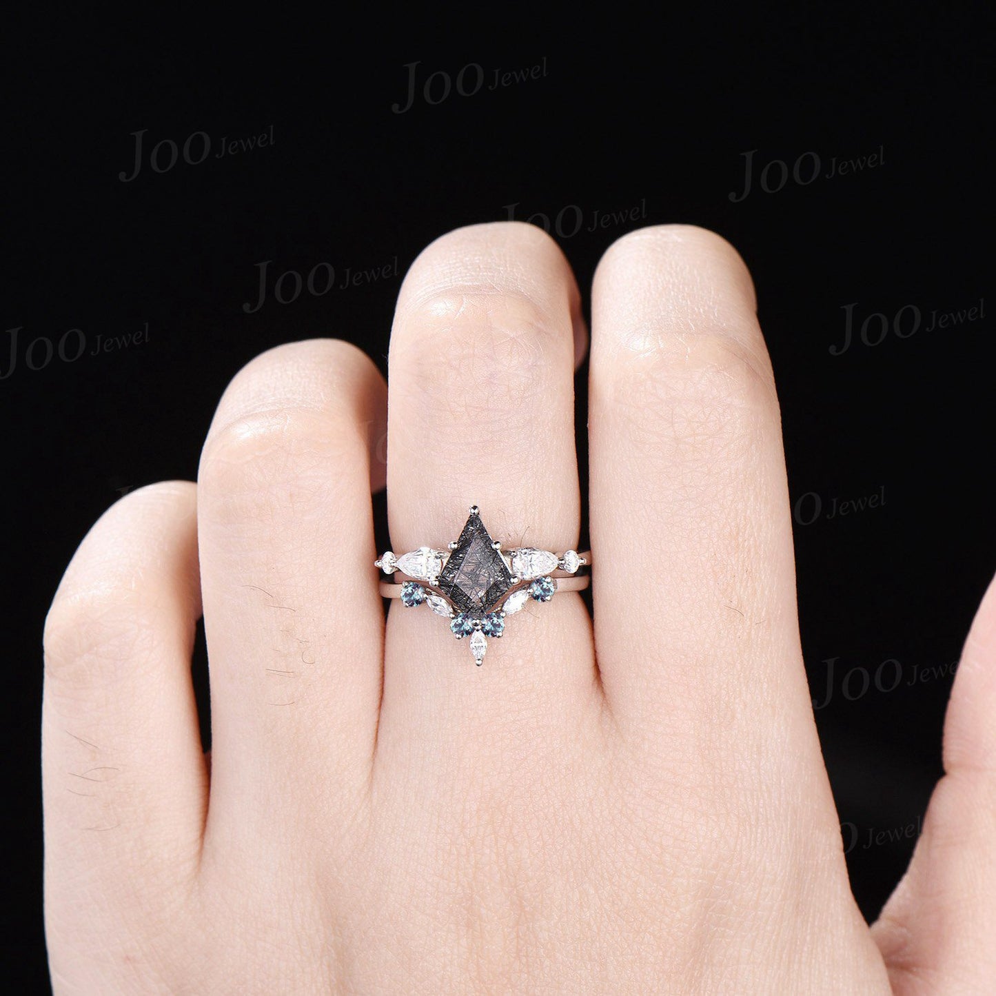 Vintage Kite Natural Black Rutilated Quartz Moissanite Engagement Ring Set Alexandrite Band Unique Black Crystal Promise Wedding Ring Women