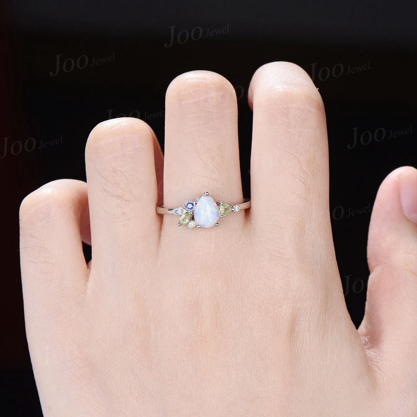 1.25ct Pear Opal Cluster Engagement Rings Personalized Multi-birthstone Topaz Peridot Blue Sapphire Alexandrite Ring White Opal Wedding Ring