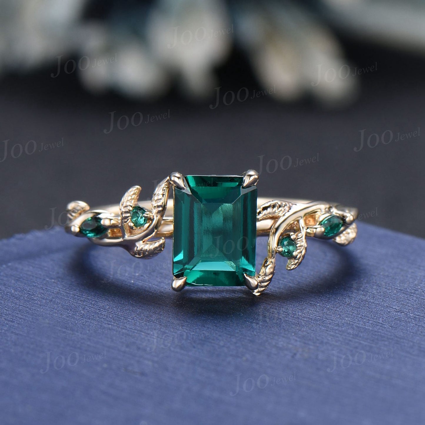 2ct Emerald Cut Green Emerald Engagement Ring Set 14K Yellow Gold Twig Branch Vine Emerald Sapphire Wedding Band Unique May Birthstone Gift