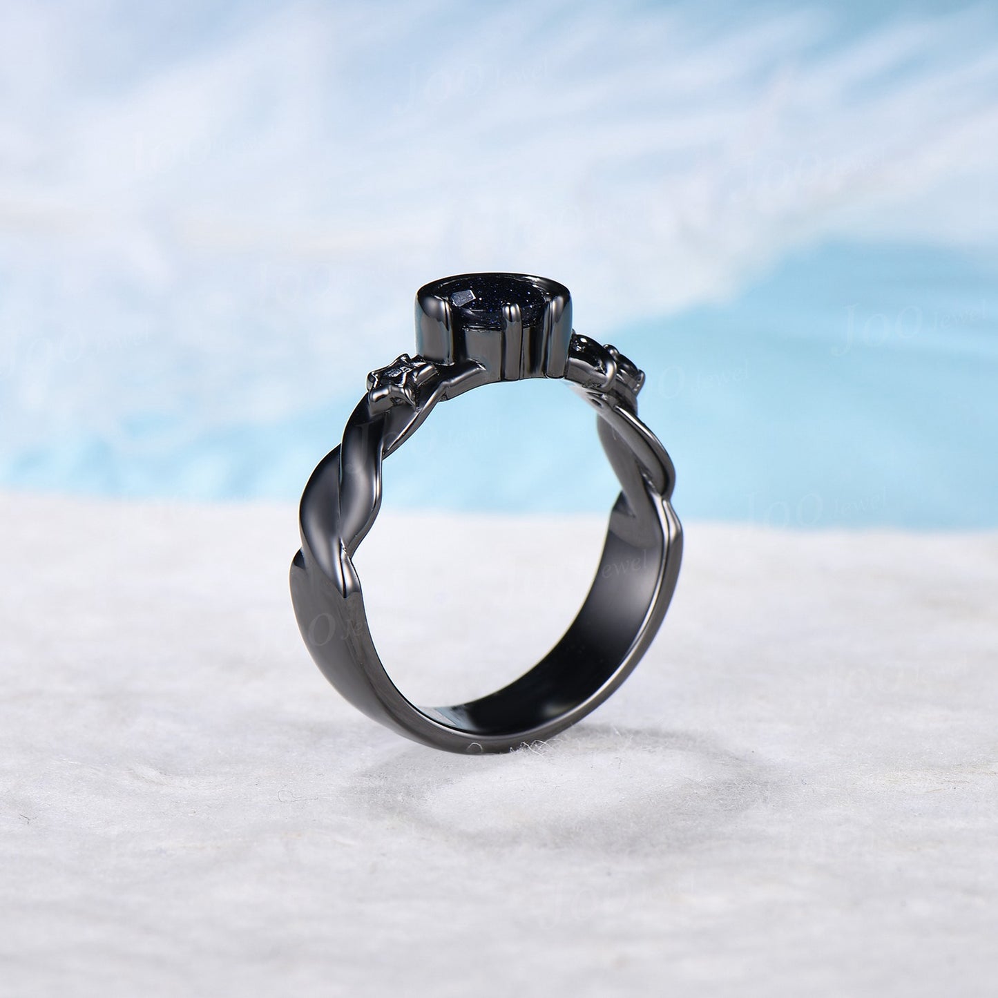 5mm Round Galaxy Blue Sandstone Engagement Ring Starry Sky Moon Star Cluster Ring Black Gemstone Celestial Ring Asymmetrical Promise Rings