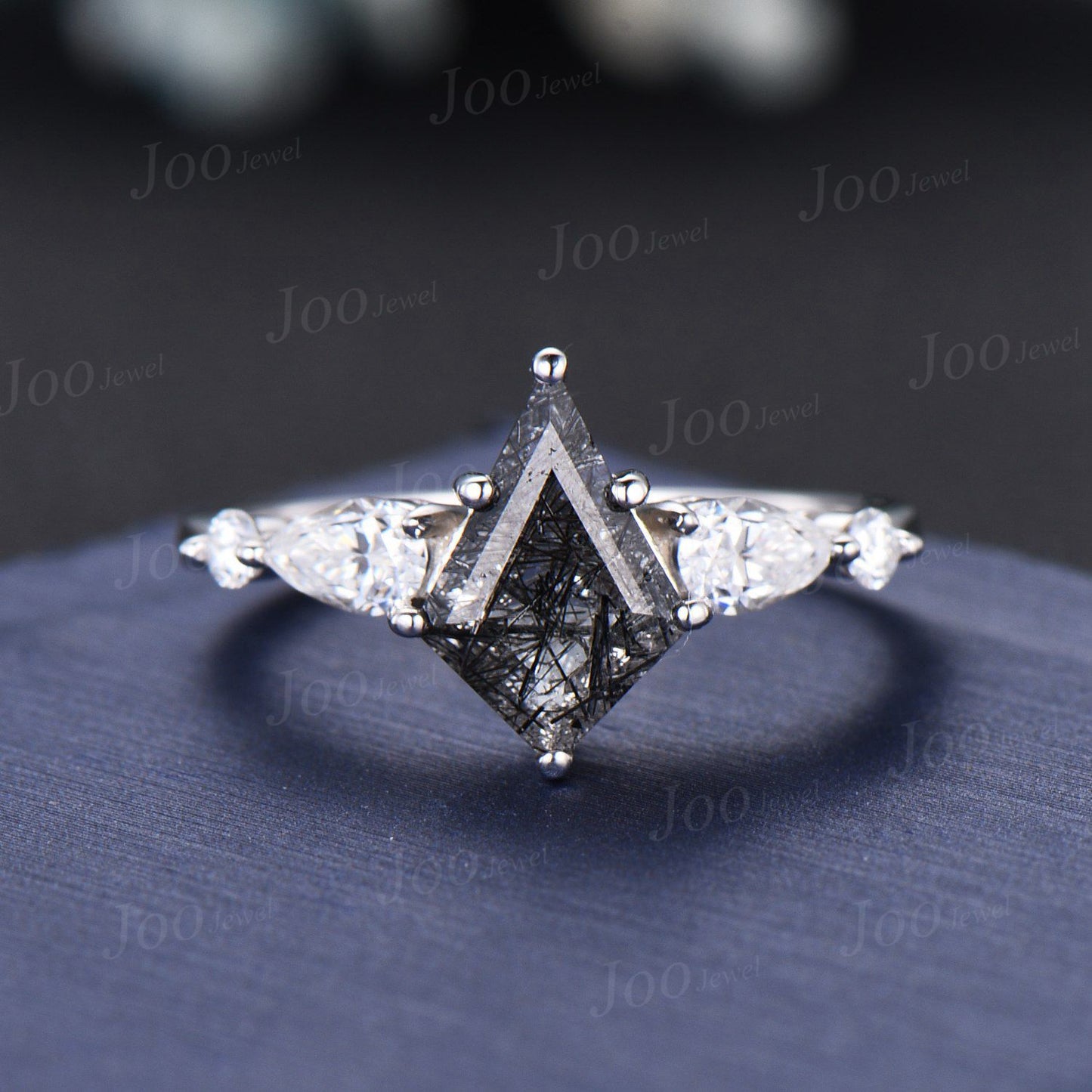 Vintage Kite Natural Black Rutilated Quartz Moissanite Engagement Ring Set Alexandrite Band Unique Black Crystal Promise Wedding Ring Women