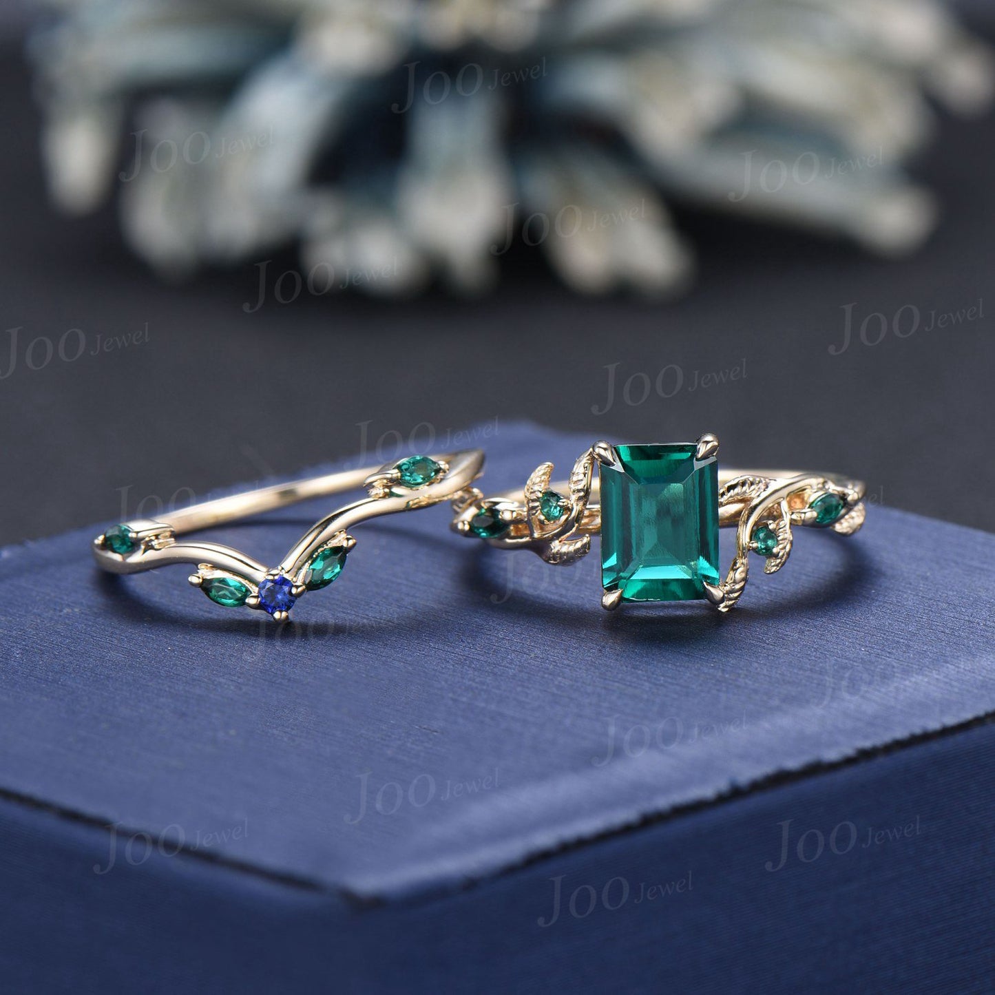 2ct Emerald Cut Green Emerald Engagement Ring Set 14K Yellow Gold Twig Branch Vine Emerald Sapphire Wedding Band Unique May Birthstone Gift