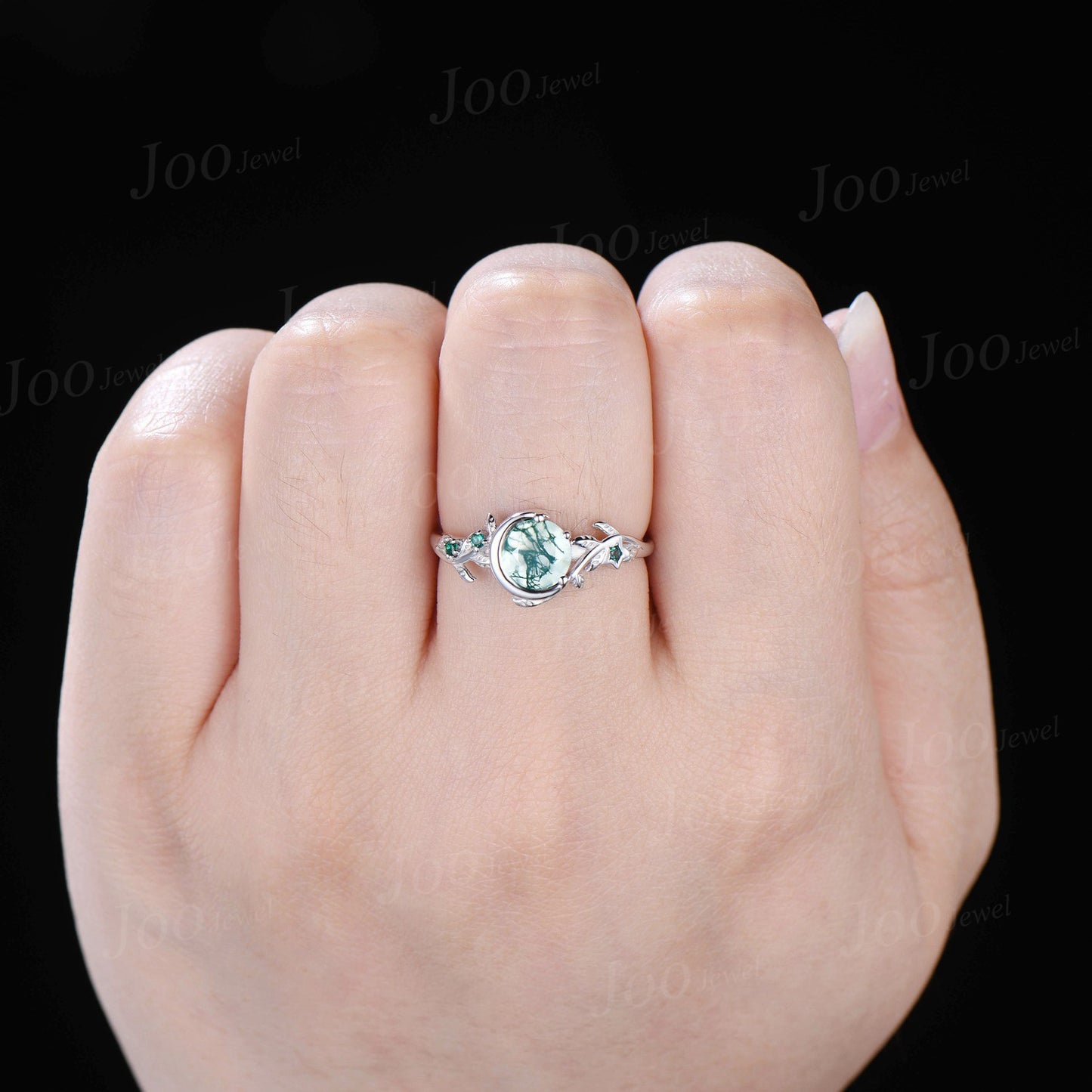 Nature Inspired Natural Moss Agate Ring Moon Star Design Vintage 1ct Round Moss Agate Engagement Ring Leaf Green Emerald Dainty Wedding Ring