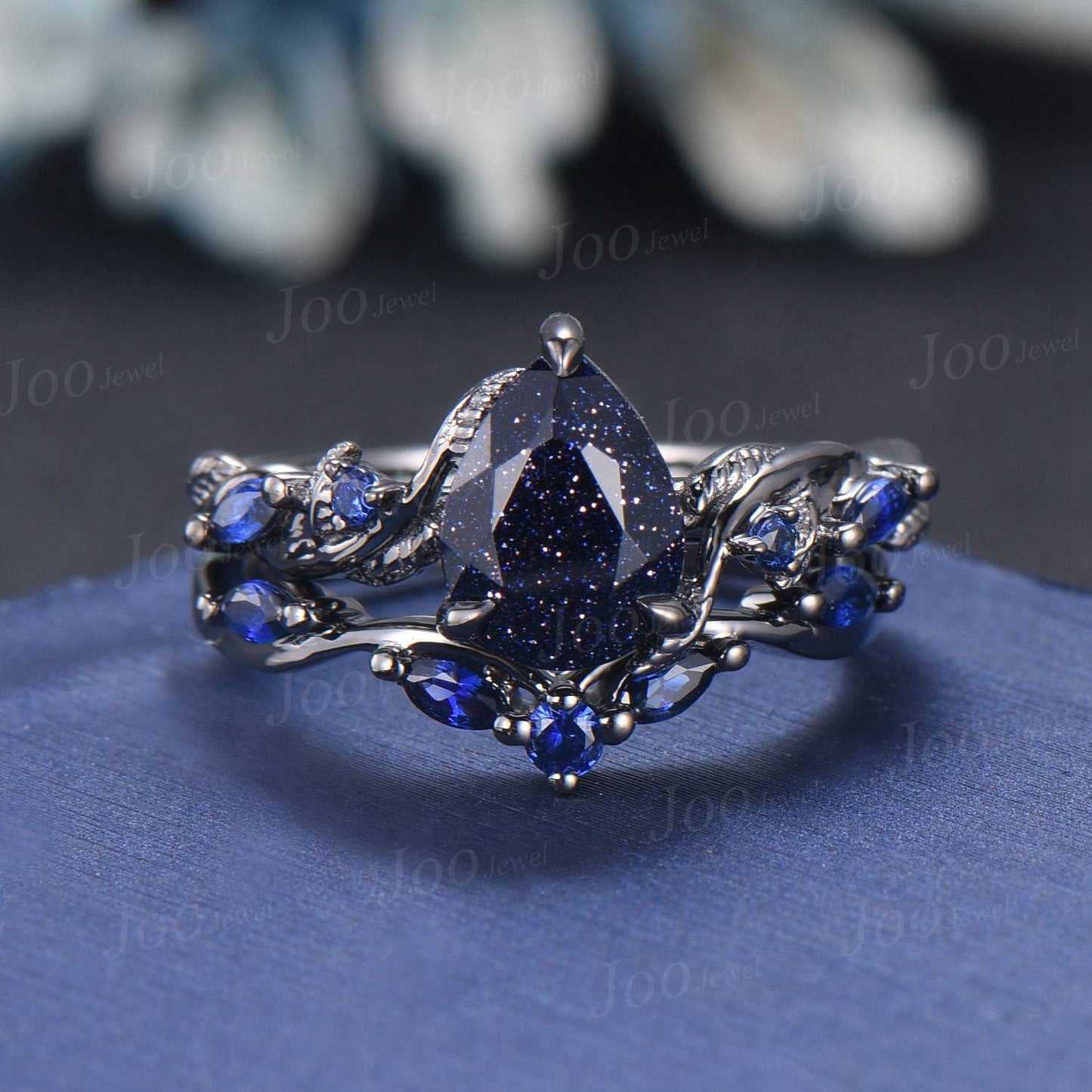 1.25ct Nature Inspired Pear Galaxy Blue Sandstone Amethyst Bridal Set Unique Twig Vine Teardrop Blue Goldstone Black Gold Wedding Ring Set