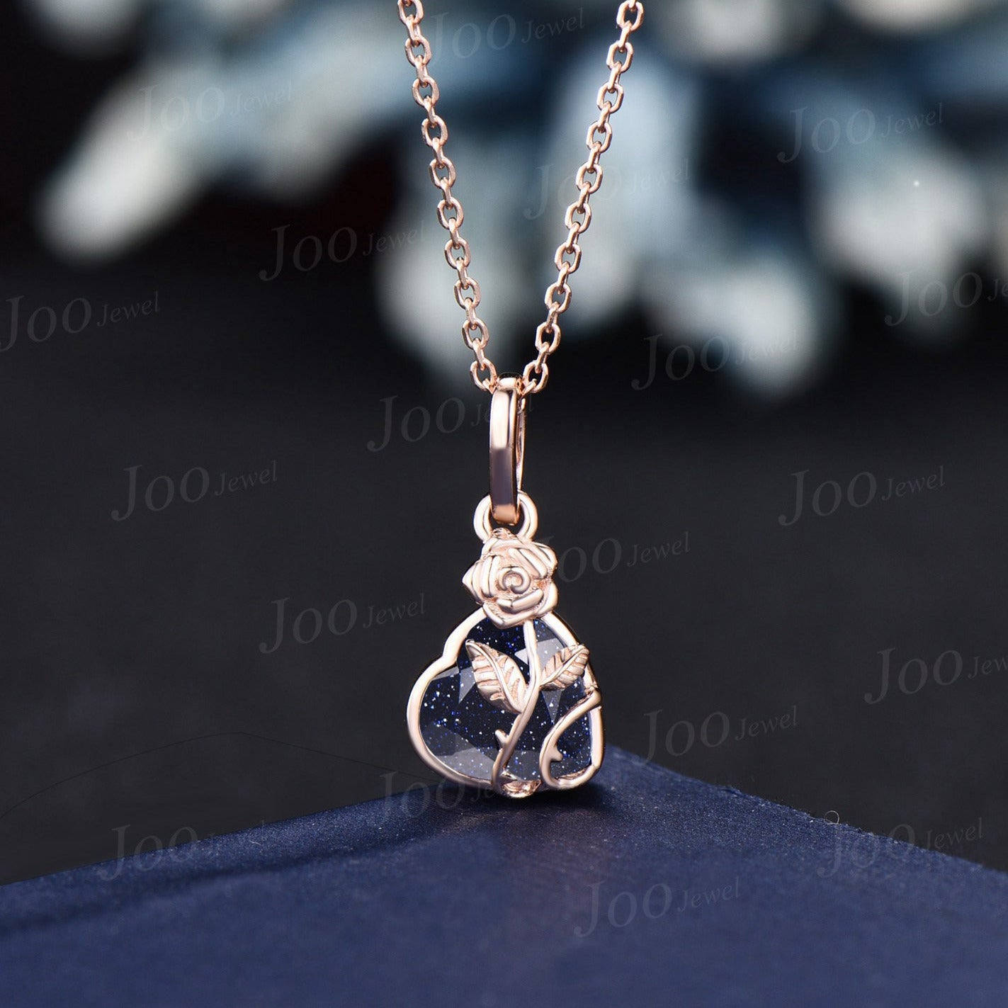 Rose Flower Galaxy Blue Sandstone Wedding Pendant Necklace Heart Shape Bridal Drop Necklaces 14K Rose Gold Nature Inspired Floral Jewelry