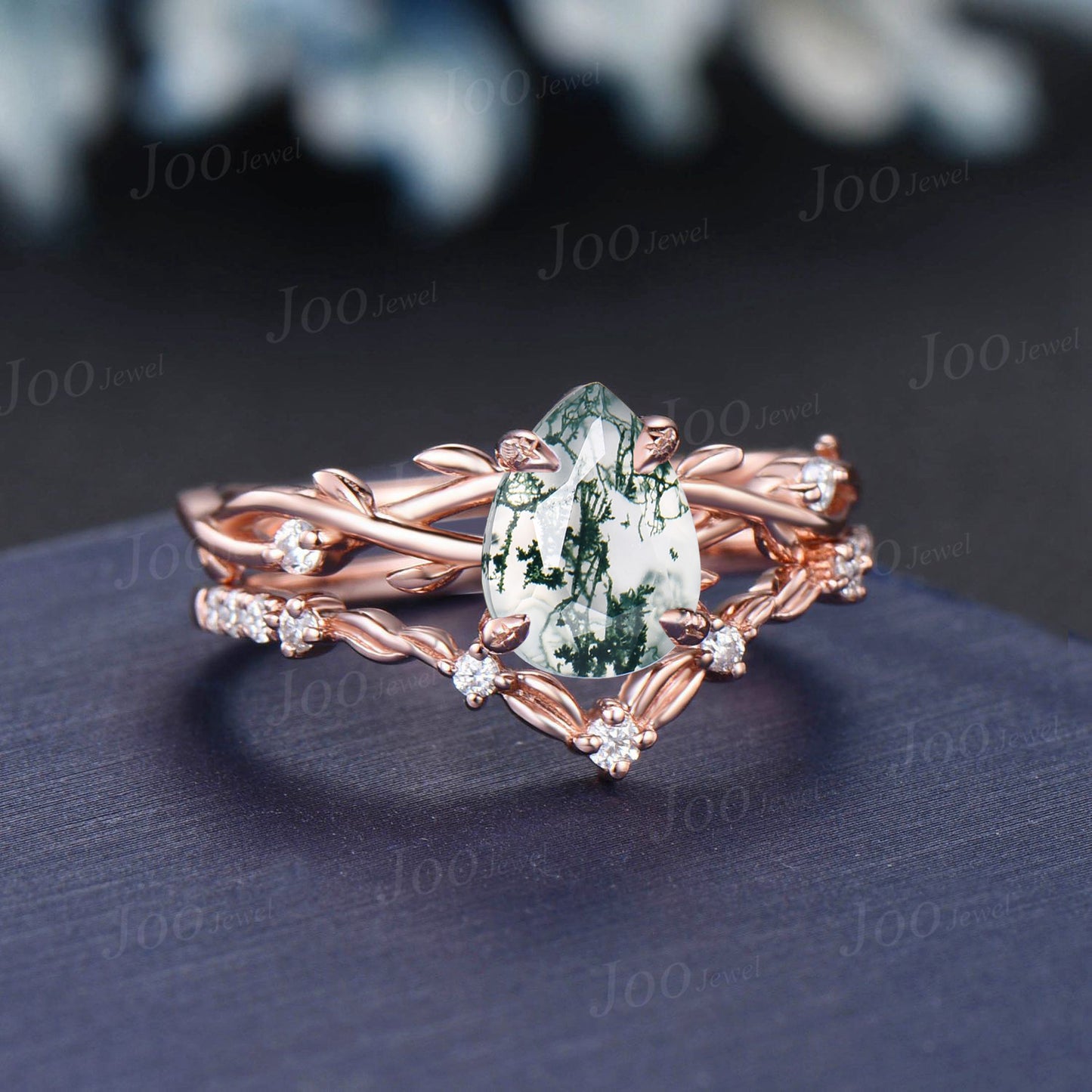 1.25ct Natural Moss Agate Moissanite Engagement Ring Set Vintage Rose Gold Nature Wedding Ring Twig Vine Pear Agate Stone Ring Unique Gifts