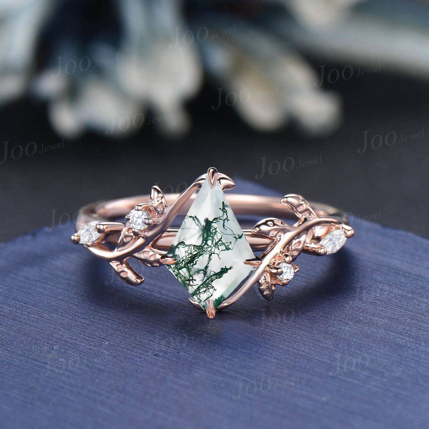 1ct Skype Kite Natural Moss Agate Wedding Ring 14K Rose Gold Moss Diamond Engagement Ring For Women Vintage Kite Bridal Wedding Gifts Ring