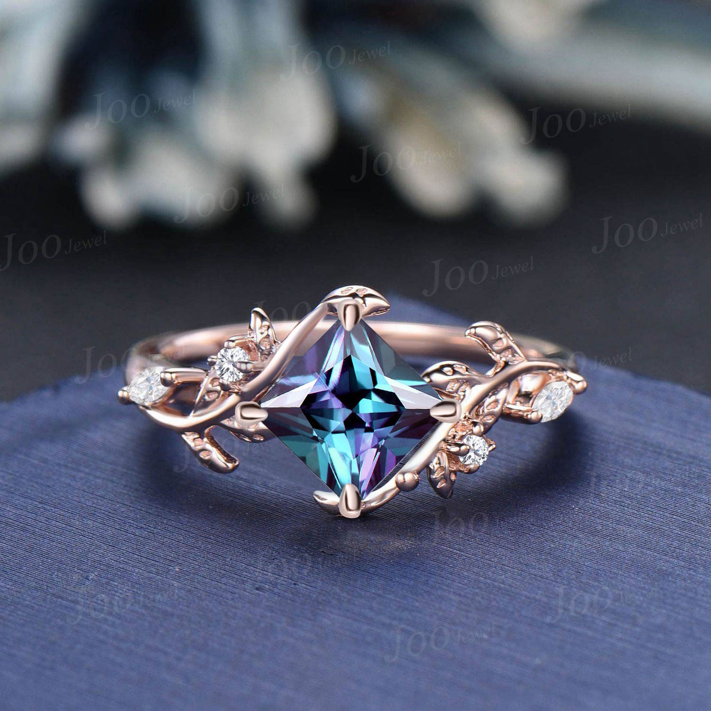 2CT Princess Cut Color-Change Alexandrite Bridal Ring Set 14K Rose Gold Princess Moissanite Leaf Band Vine Branch Nature Wedding Ring Women
