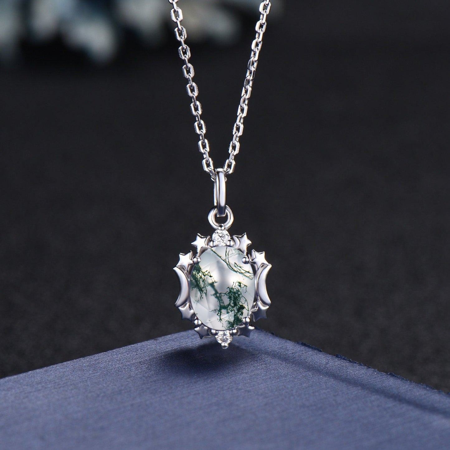 Oval Natural Moss Agate Necklace Solid 14K Rose Gold Vintage Unique Personalized Moon Star Wedding Pendant For Women Anniversary Bridal Gift