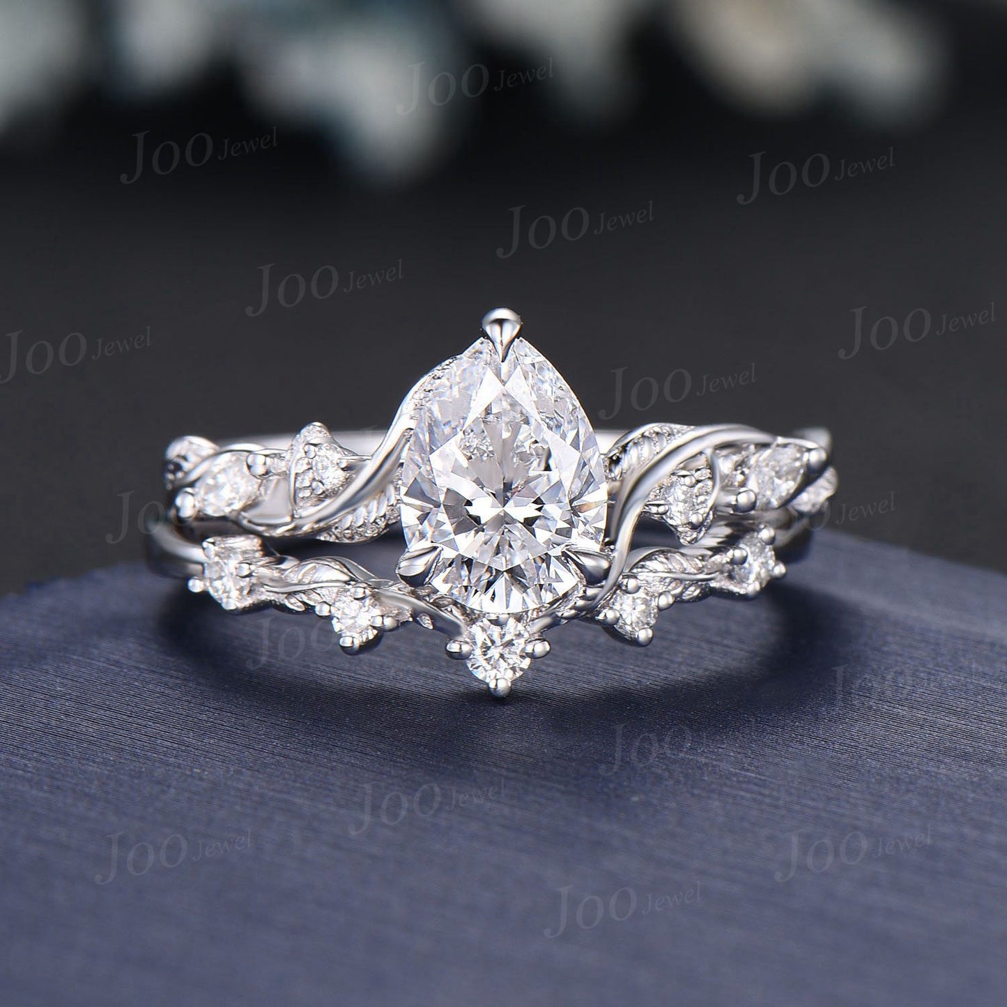 Twist Twig Vine Nature Inspired Pear Moissanite Engagement Ring Set 14K White Gold Leaf Moissanite Diamond Wedding Bridal Set Promise Gifts
