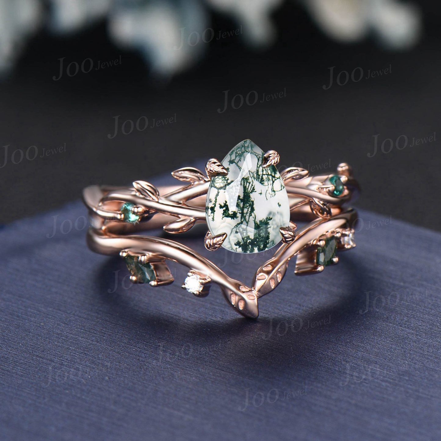 Twig Vine Green Moss Agate Emerald Ring Set 14K Rose Gold Pear Bridal Ring Set Branch Nature Inspired Natural Agate Stone Promise Ring Set