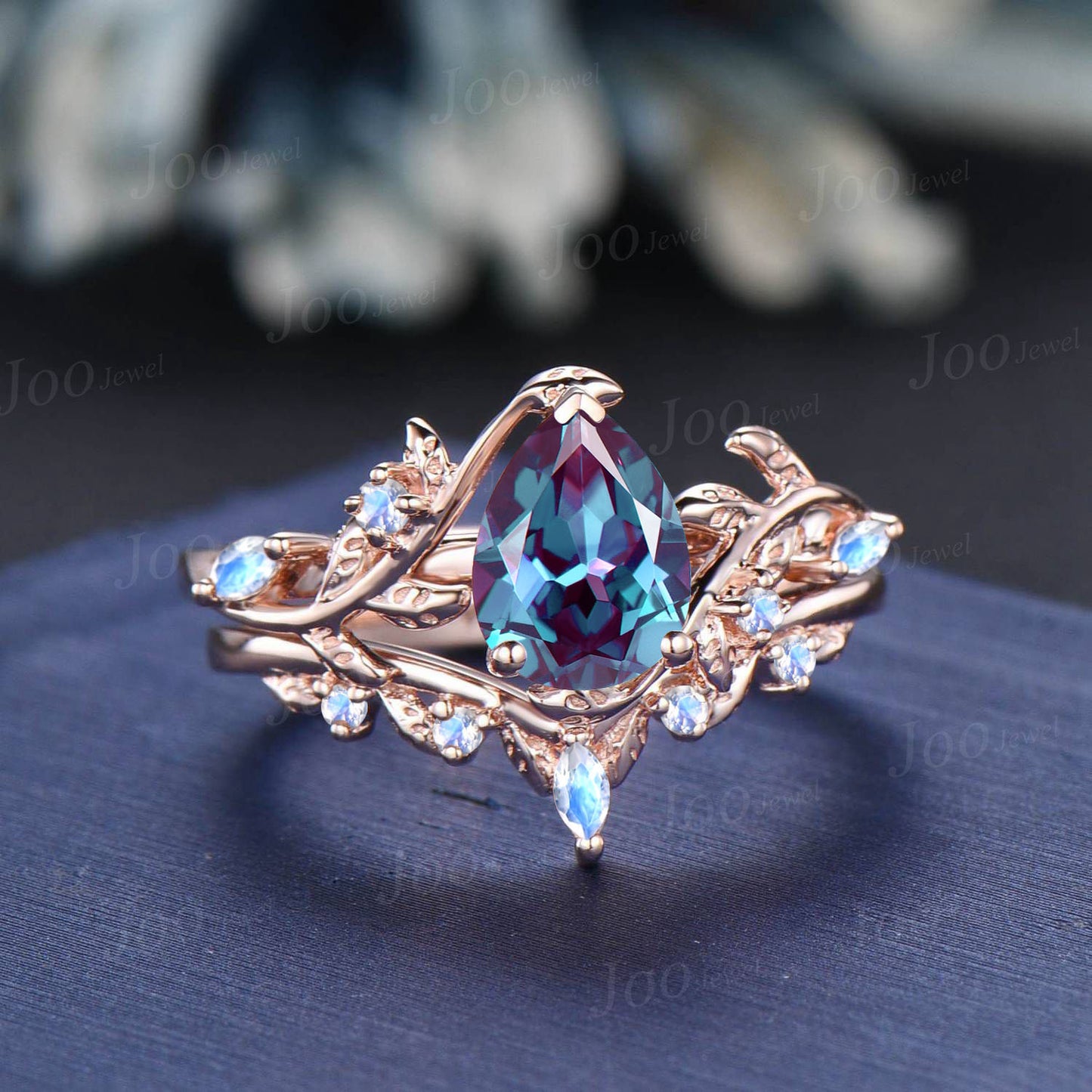 1.25ct Pear Cut Color-Change Alexandrite Moonstone Bridal Set Twig Vine Teardrop Alexandrite Ring Set Unique June Birthstone Gifts