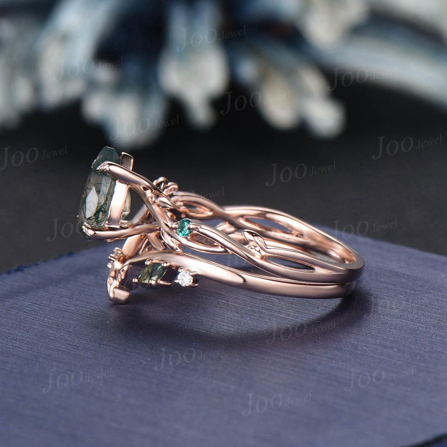 Twig Vine Green Moss Agate Emerald Ring Set 14K Rose Gold Pear Bridal Ring Set Branch Nature Inspired Natural Agate Stone Promise Ring Set
