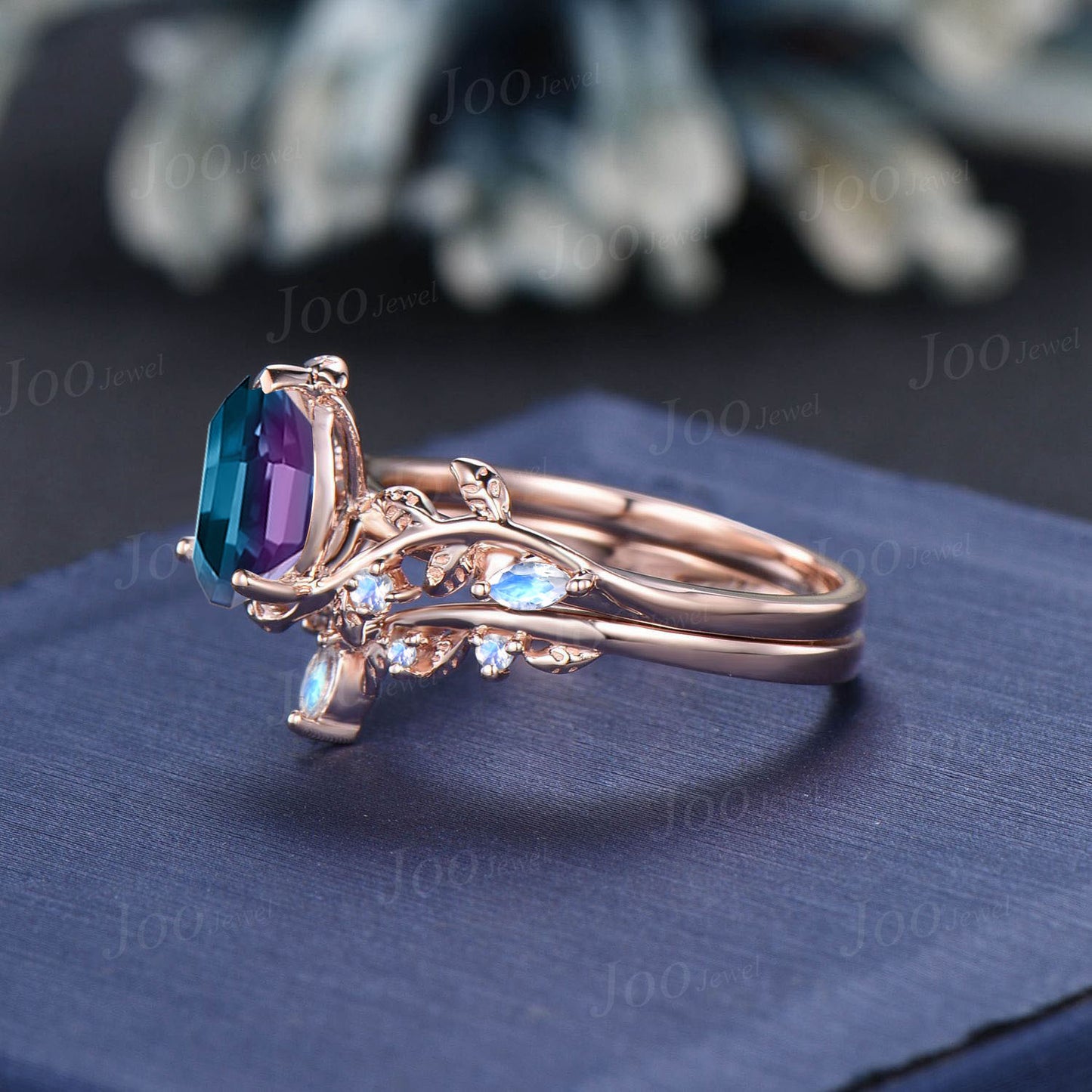 1.25ct Pear Cut Color-Change Alexandrite Moonstone Bridal Set Twig Vine Teardrop Alexandrite Ring Set Unique June Birthstone Gifts