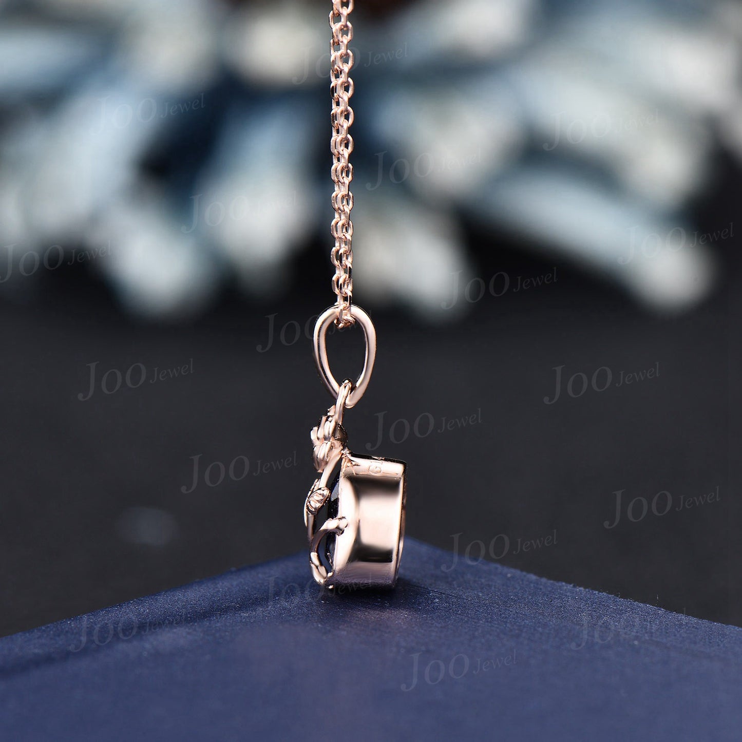 Rose Flower Galaxy Blue Sandstone Wedding Pendant Necklace Heart Shape Bridal Drop Necklaces 14K Rose Gold Nature Inspired Floral Jewelry