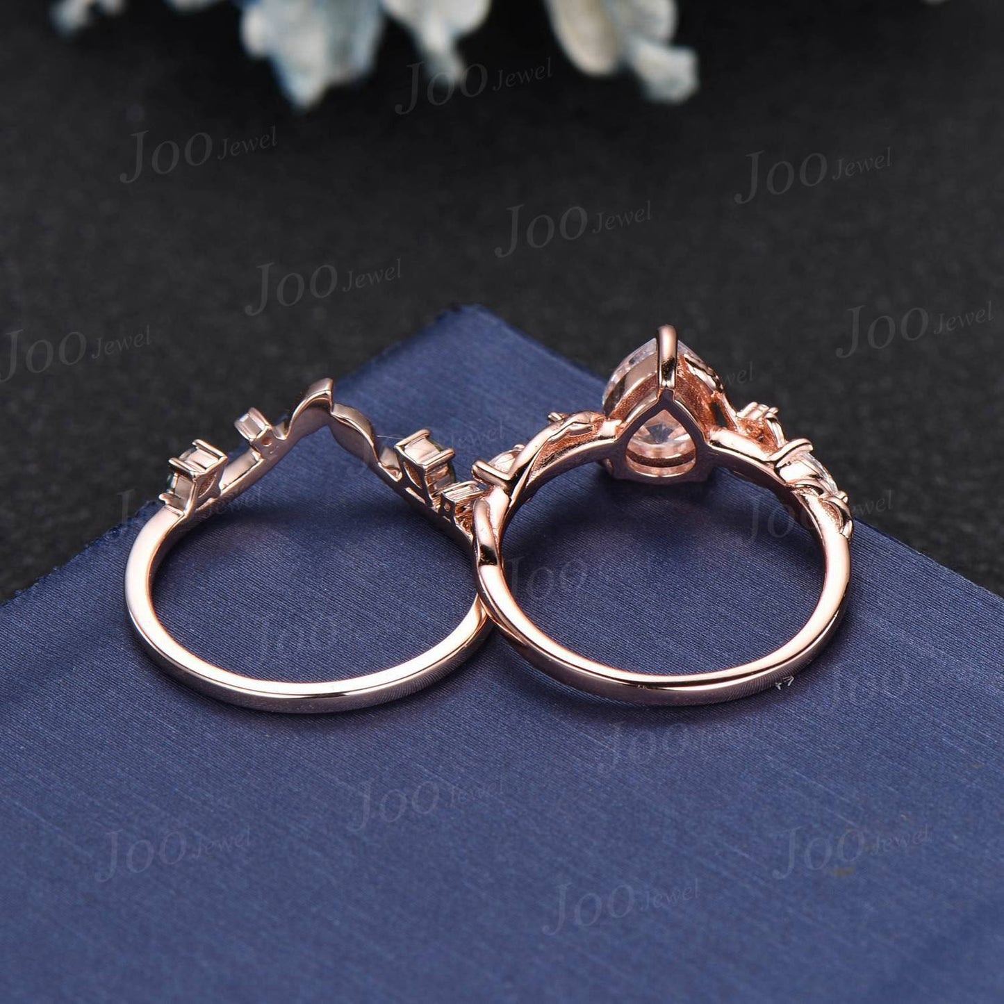 Twig Vine Green Moss Agate Emerald Ring Set 14K Rose Gold Pear Bridal Ring Set Branch Nature Inspired Natural Agate Stone Promise Ring Set